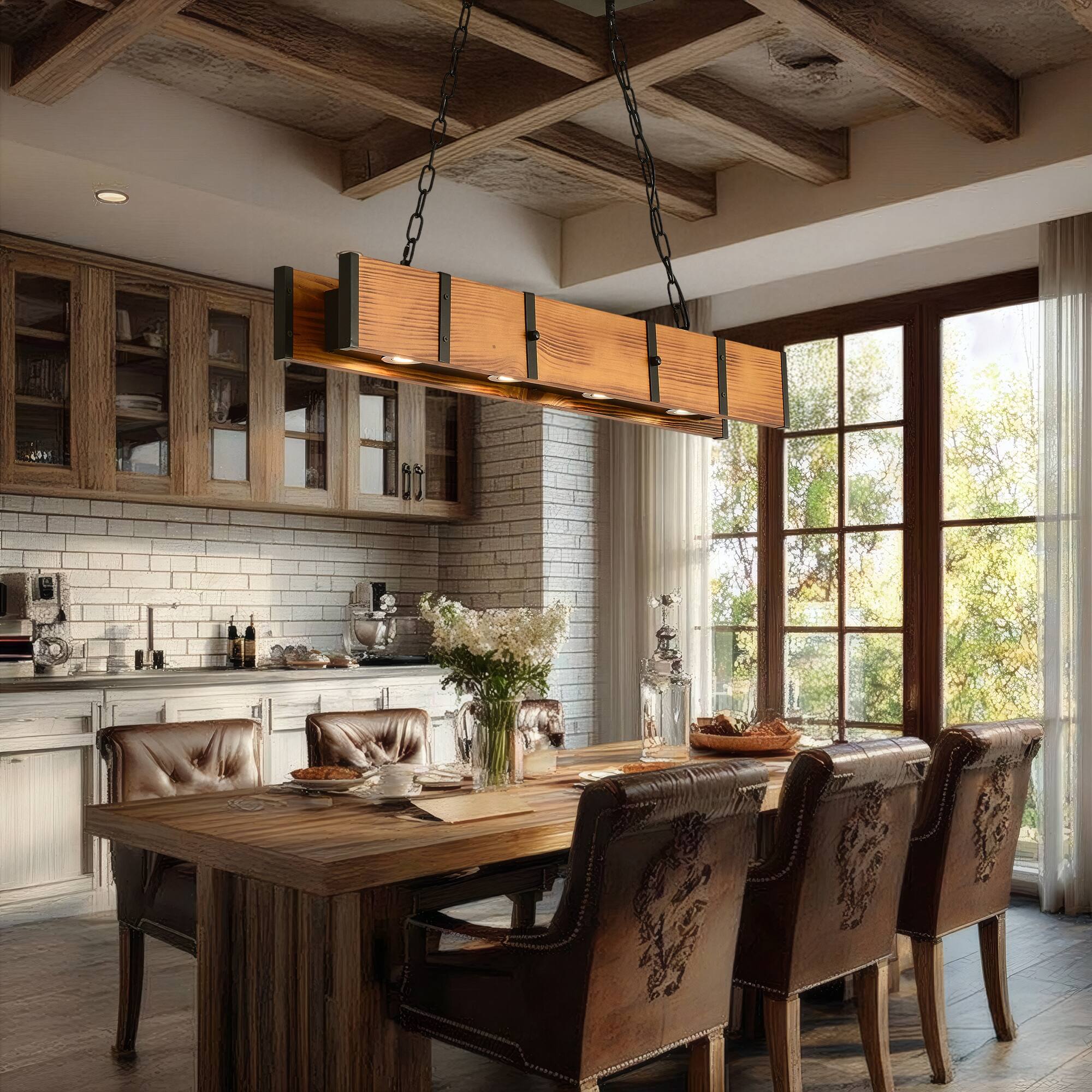 Alt View 1. RYHNUYNE - 39.37" Rectangular Wood Kitchen Island Lighting,Farmhouse Linear Chandelier, Rustic Dining Room Light Fixture Over Table - Wood.
