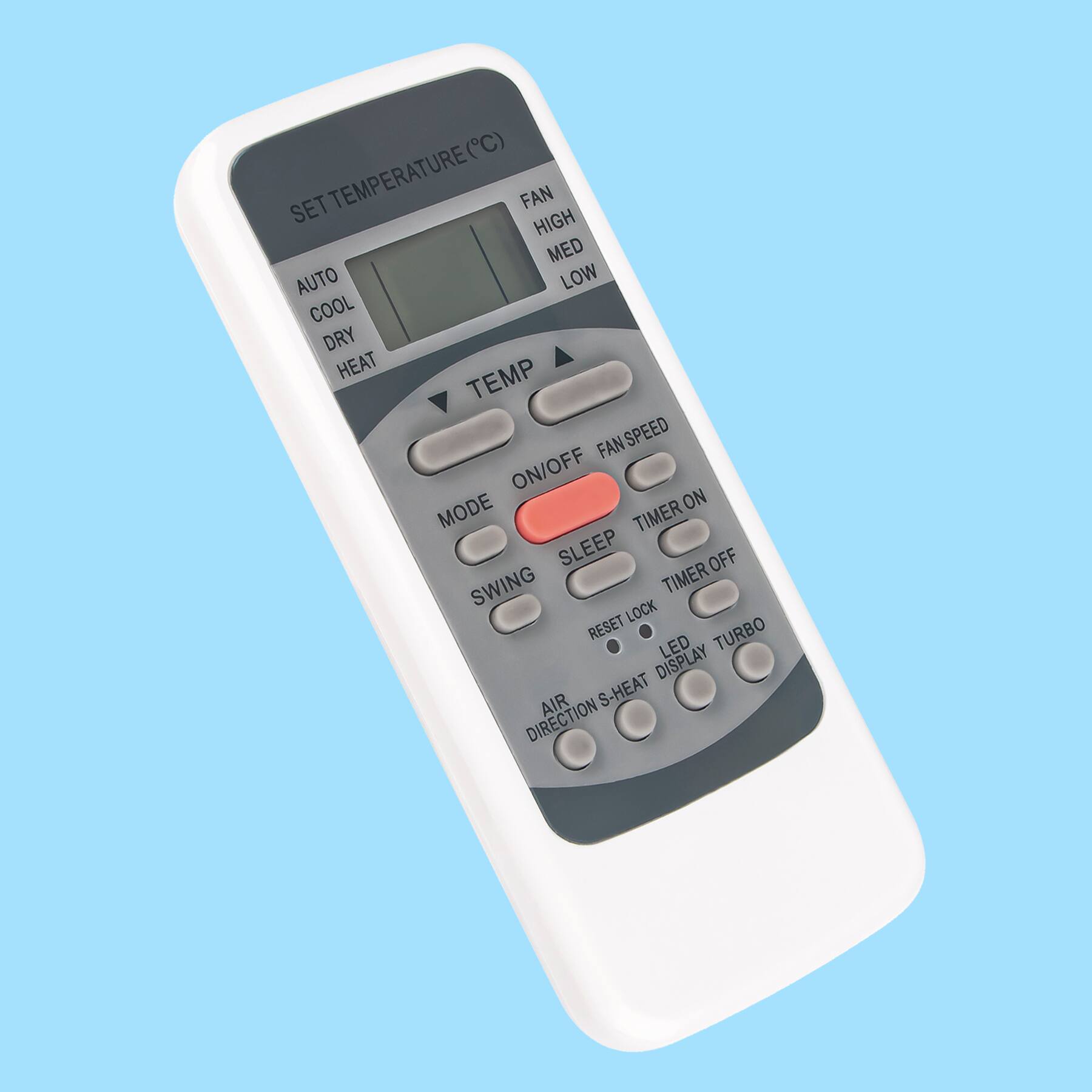 Sure, here is the corrected and grouped text from the image:

- **SET TEMPERATURE (°C)**
  - AUTO
  - COOL
  - DRY
  - HEAT

- **FAN**
  - HIGH
  - MED
  - LOW

- **TEMP**
  - (Arrow up and down)

- **MODE**
  - (Button)

- **ON/OFF**
  - (Red button)

- **FAN SPEED**
  - (Button)

- **TIMER ON**
  - (Button)

- **SLEEP**
  - (Button)

- **TIMER OFF**
  - (Button)

- **SWING**
  - (Button)

- **RESET LOCK**
  - (Button)

- **LED DISPLAY**
  - (Button)

- **TURBO**
  - (Button)

- **AIR ION**
  - (Button)

- **S-HEAT**
  - (Button)

- **DIRECTION**
  - (Button)