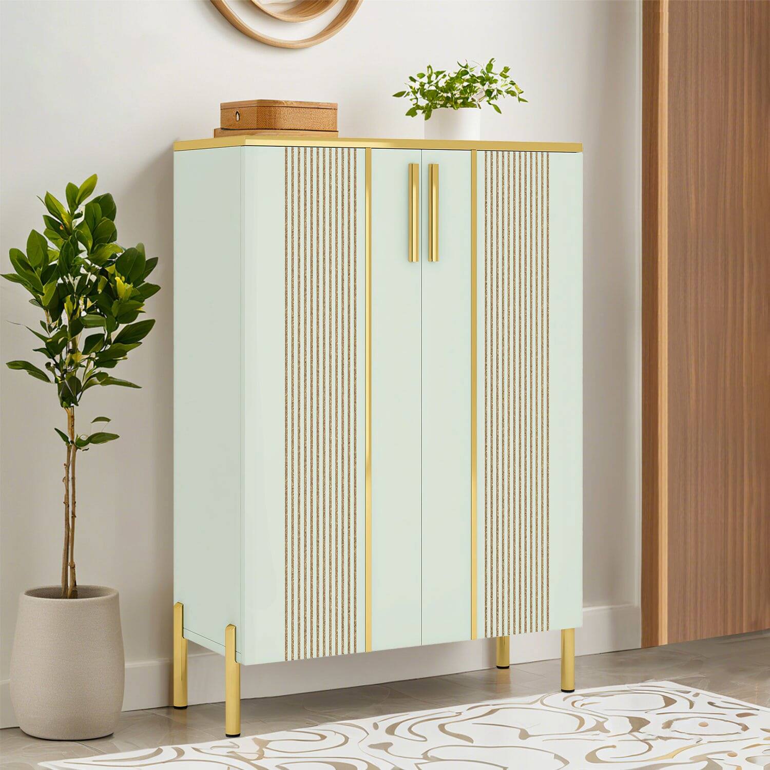 Angle. Kadyn - Kadyn 6-Tier Wooden Shoe Cabinet, Space-Saving Organizer with Sliding Doors, Perfect for Home & Office, Gold & White - White.