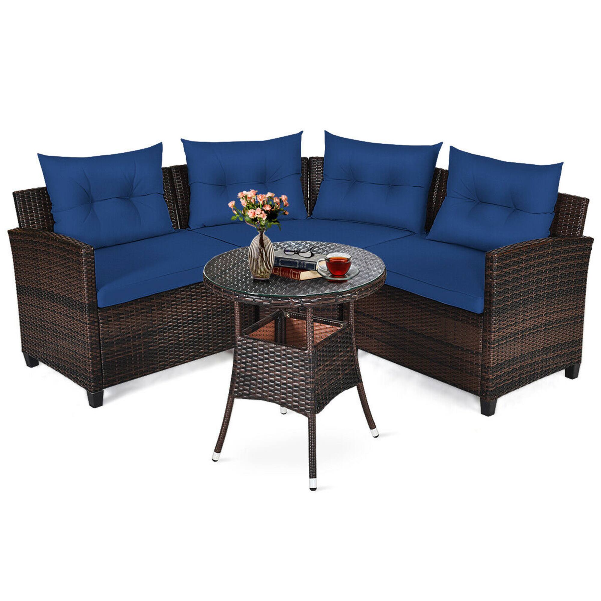 Alt View 1. Gymax - Gymax 4PCS Patio Furniture Set Outdoor Rattan Sectional Sofa Set w/ Navy Cushions - Navy.