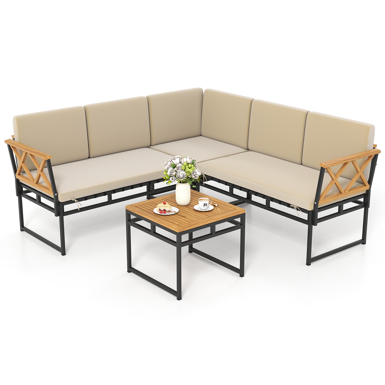 Costway - 4 Piece Outdoor Sectional Sofa Set L-Shaped Metal Conversation Set with Cushions - Beige price history on PriceWatchPro