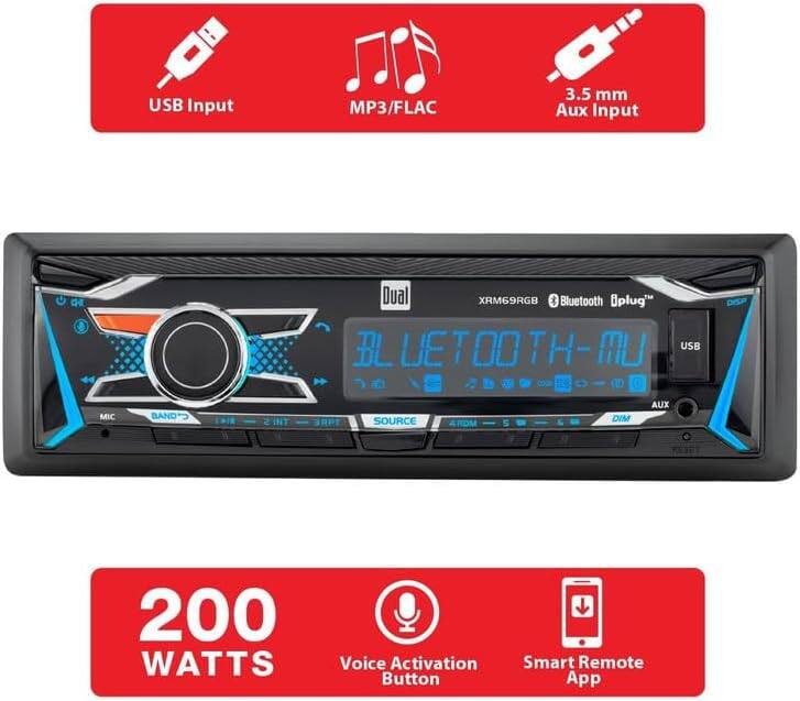 USB Input  
MP3/FLAC  
3.5 mm Aux Input  

Dual XRM69RGB  
Bluetooth plug  

200 WATTS  

Voice Activation Button  
Smart Remote App