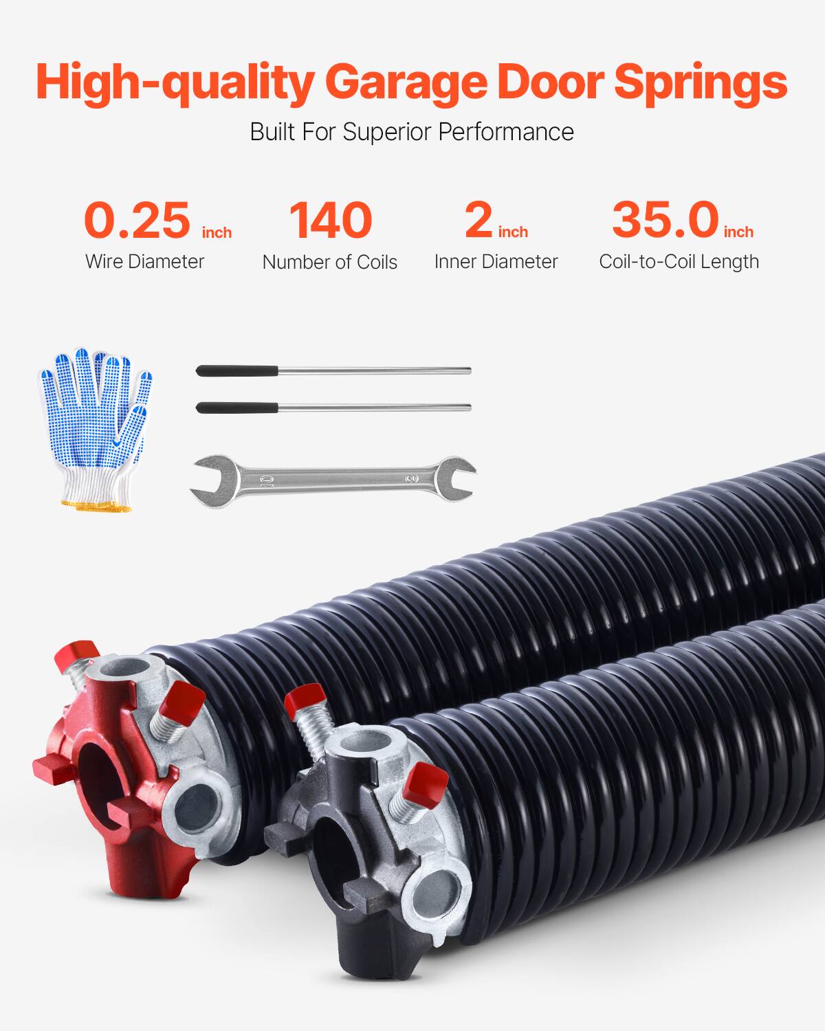 High-quality Garage Door Springs Built For Superior Performance  
- 0.25 inch Wire Diameter  
- 140 Number of Coils  
- 2 inch Inner Diameter  
- 35.0 inch Coil-to-Coil Length