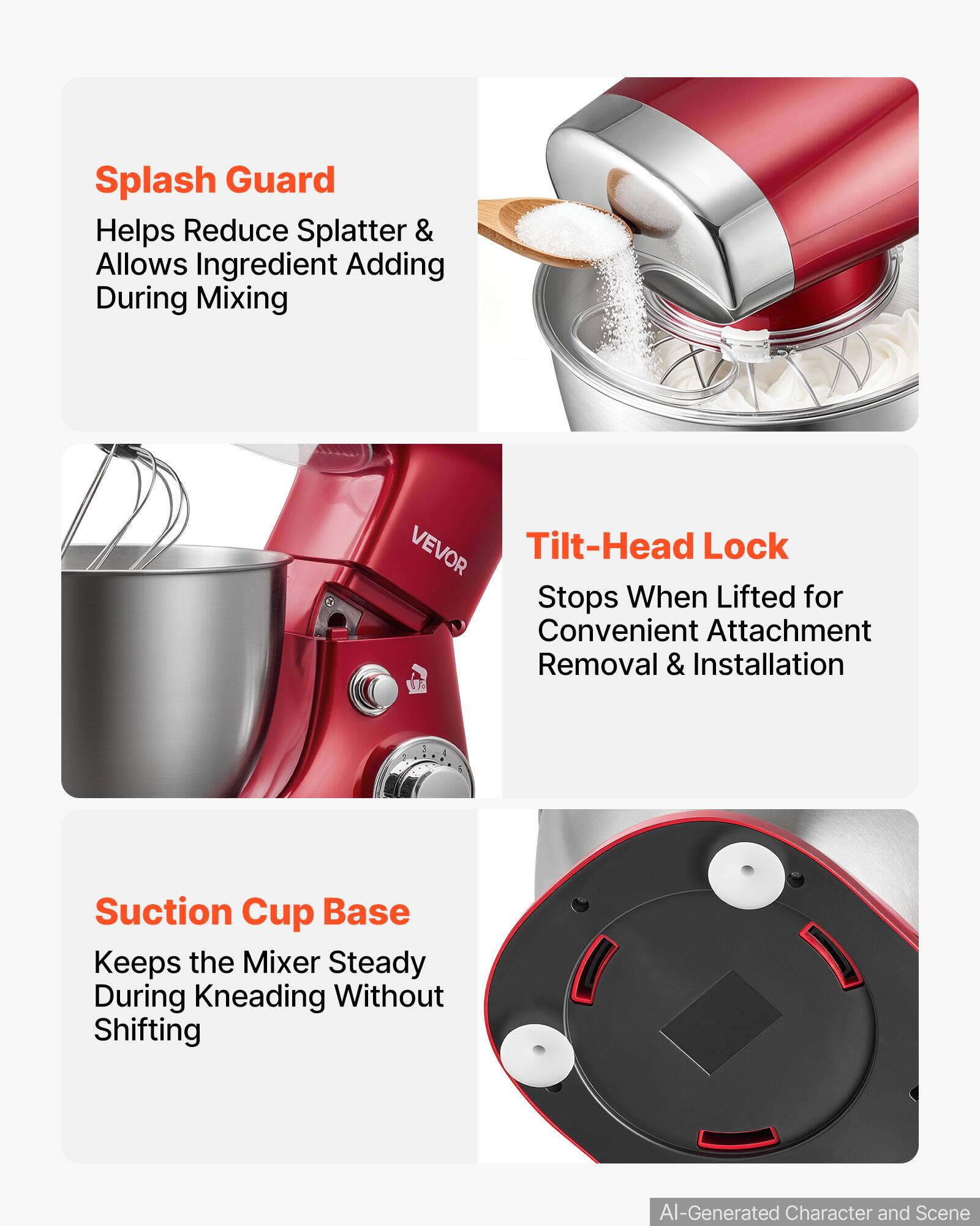 Splash Guard Helps Reduce Splatter & Allows Ingredient Adding During Mixing

VEVOR Tilt-Head Lock Stops When Lifted for Convenient Attachment Removal & Installation

1 Suction Cup Base Keeps the Mixer Steady During Kneading Without Shifting

AI-Generated Character and Scene