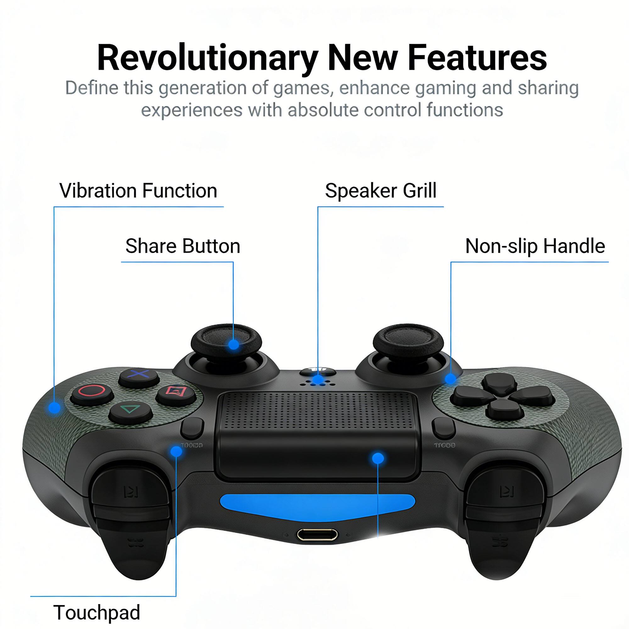 Revolutionary New Features  
Define this generation of games, enhance gaming and sharing experiences with absolute control functions  

- Vibration Function  
- Speaker Grill  
- Share Button  
- Non-slip Handle  
- Touchpad
