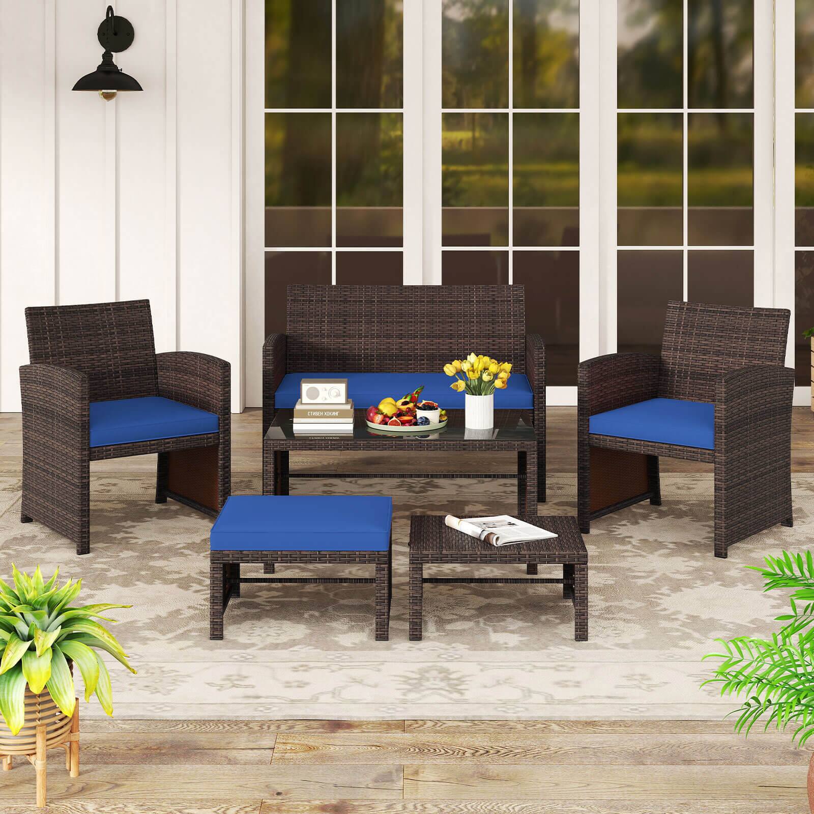 Alt View 4. Gymax - Gymax 6 PCS Patio Furniture Set w/ 1 Loveseat 1 Coffee Table 2 Armchairs 2 Ottomans Blue - Mix Brown, Navy Blue.