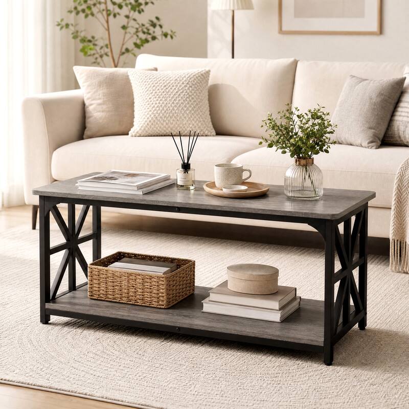 Angle. WELLFOR - 2-Tier Farmhouse Coffee Table with Open Storage Shelf, Center Tables for Living Room - Oak.