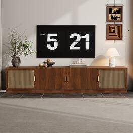 MERAVOM - Mid-Century Modern TV Stand for TVs Up to 85", Entertainment Center with Rattan Doors, Adjustable Shelf for Living Room - Walnut