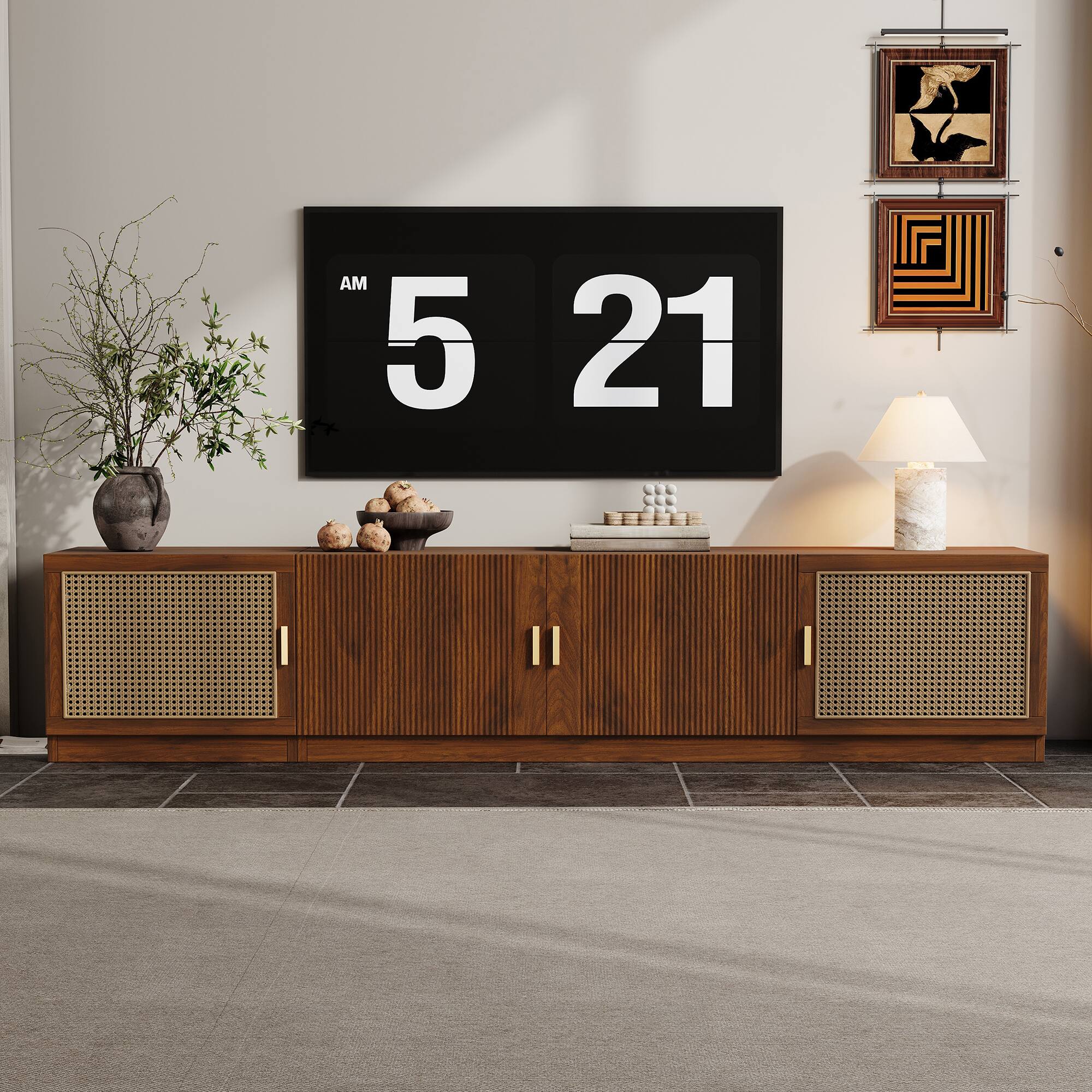MERAVOM - Mid-Century Modern TV Stand for TVs Up to 85", Entertainment Center with Rattan Doors, Adjustable Shelf for Living Room - Walnut
