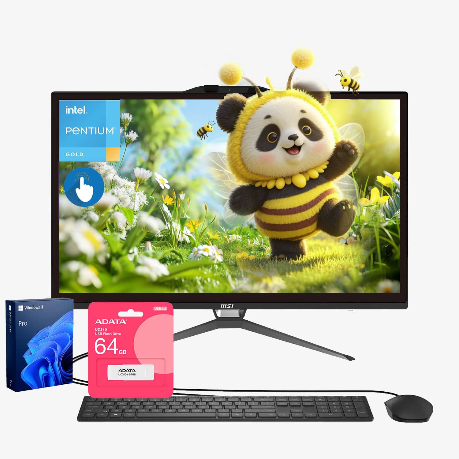 MSI - PRO 21.5" Touchscreen All-in-One - Wired K&M - Intel Pentium Gold G7400 - 16GB RAM - 1TB SSD - Adata 64GB USB Drive - Black