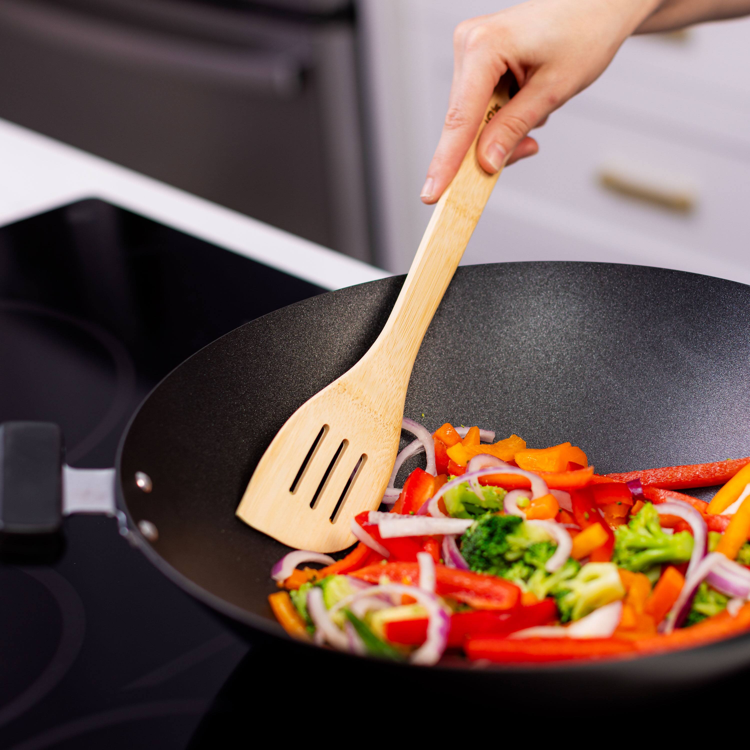 Back. Escali - Joyce Chen Burnished Bamboo Slotted Spatula, 13-Inch - Natural.