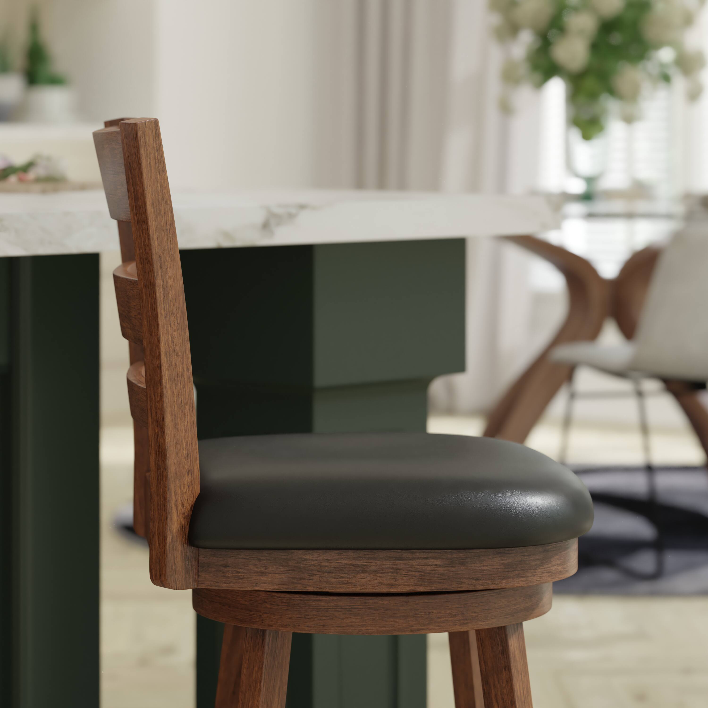 Alt View 4. Emma + Oliver - Avi Classic Wooden Ladderback Dining Stool with Padded Swivel Seat - Black Vinyl/Antique Oak Frame.