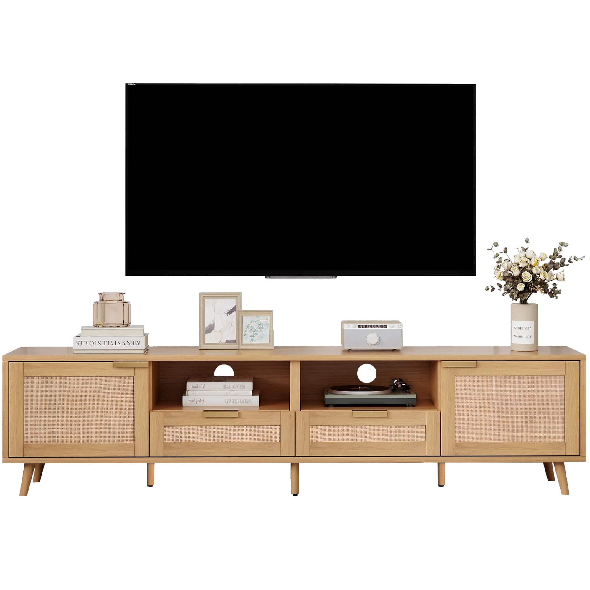 Spaco - Rattan TV Stand for 85" TV, Modern Farmhouse Media Console with Solid Legs for Living Room Home Theater - Wood
