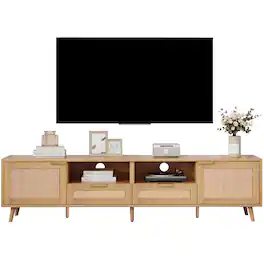 Spaco - Rattan TV Stand for 85" TV, Modern Farmhouse Media Console with Solid Legs for Living Room Home Theater - Wood