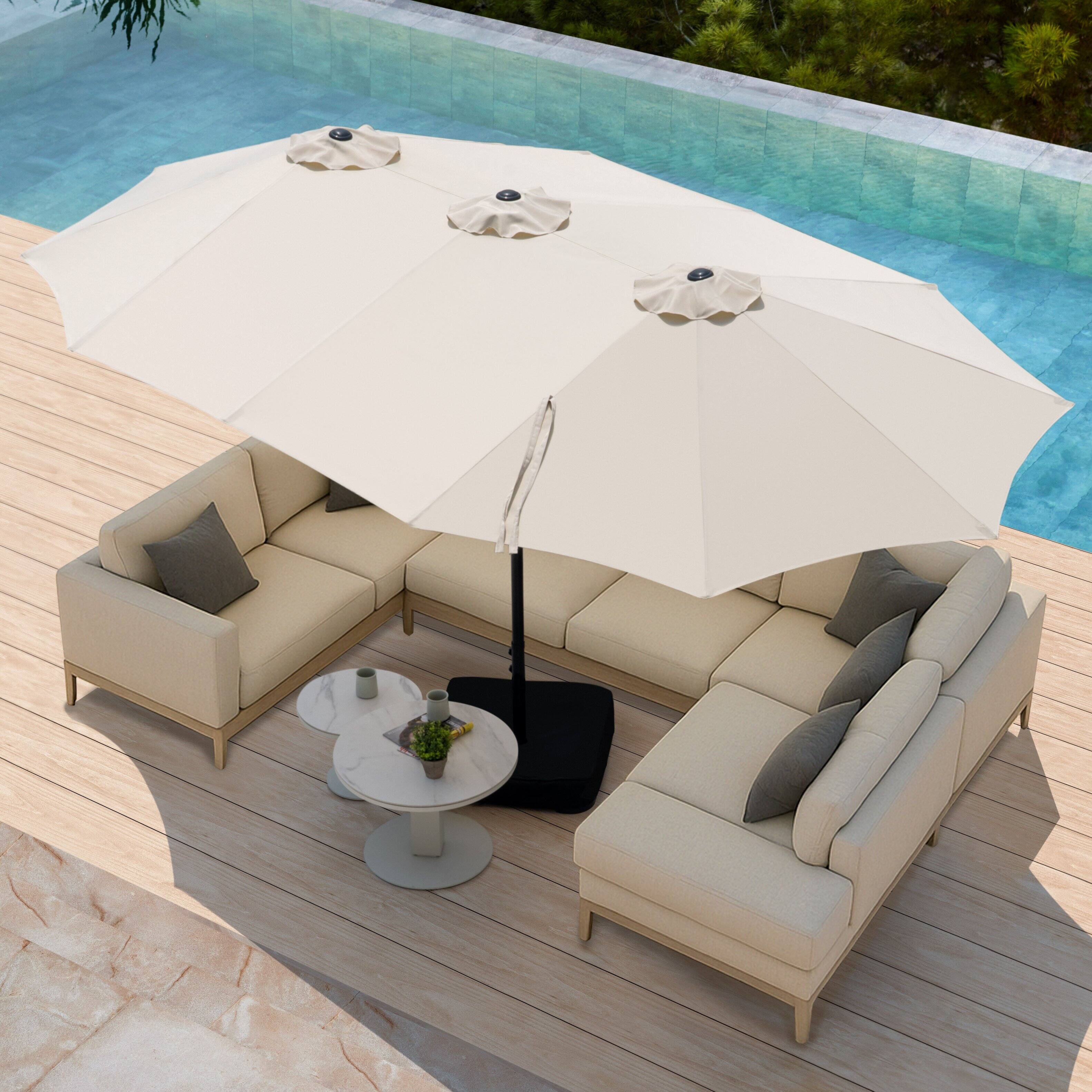 Angle. Nuu Garden - 15FT Double-Sided Patio Umbrella with Umbrella Base and 2 Sandbags - Beige.