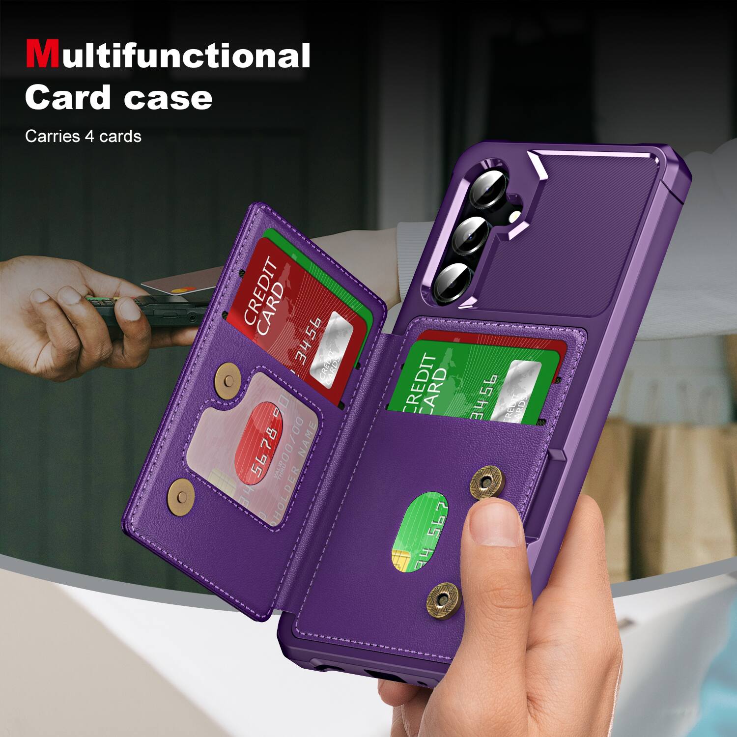 Multifunctional Card case  
Carries 4 cards  

CREDIT CARD  
3456 90 5678 78 00/00/00  
NAME 56  
HOLDER NAME JOH  

CREDIT CARD  
2PS  
2P HE REDIT RDS