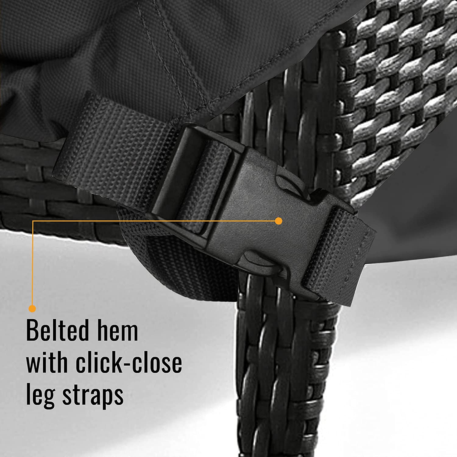 Belted hem with click-close leg straps