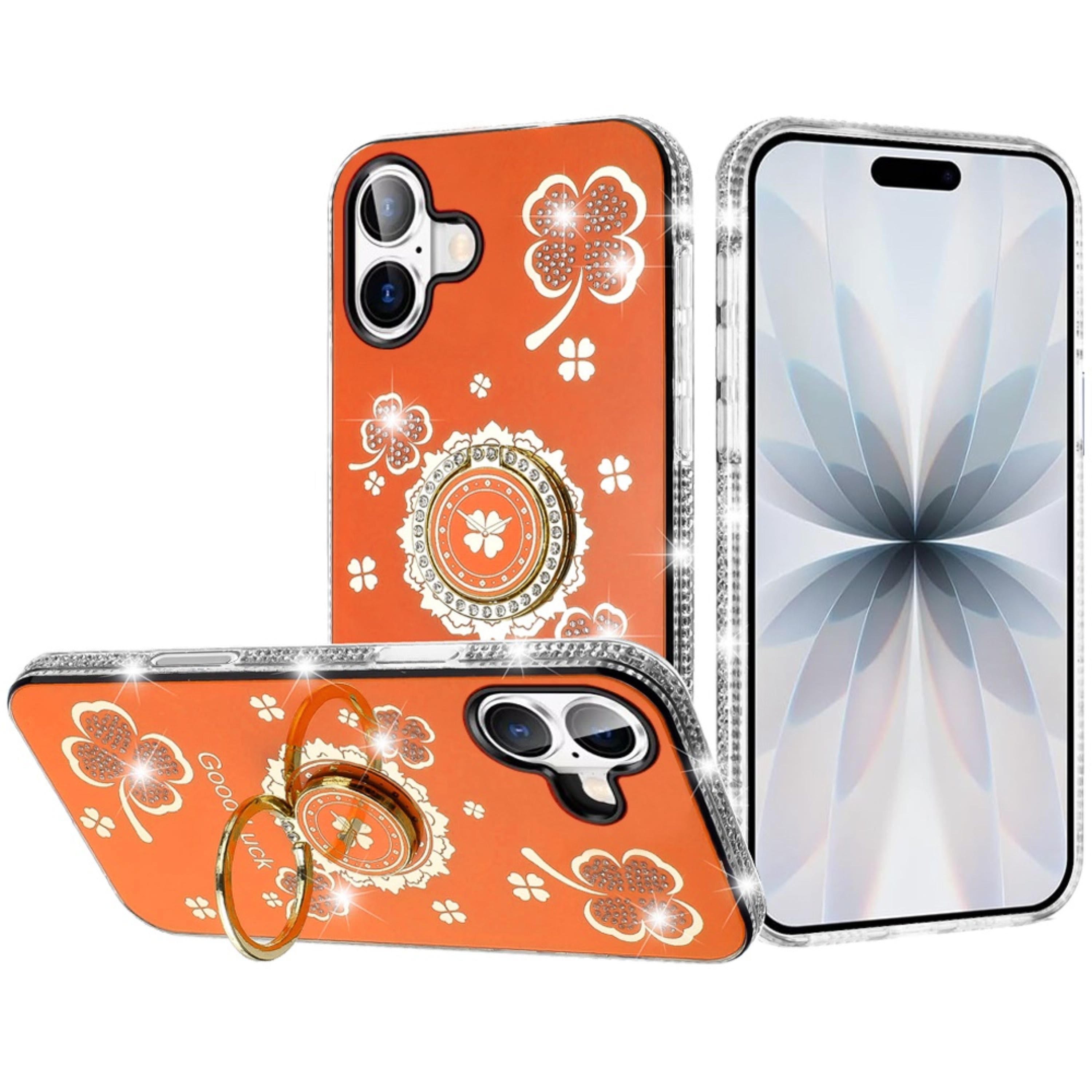 Kitcheniva - Crystal Studded Ring Stand Bling Phone Cover Plus Tempered Glass For iPhone 17 - Cosmic Orange price history on PriceWatchPro