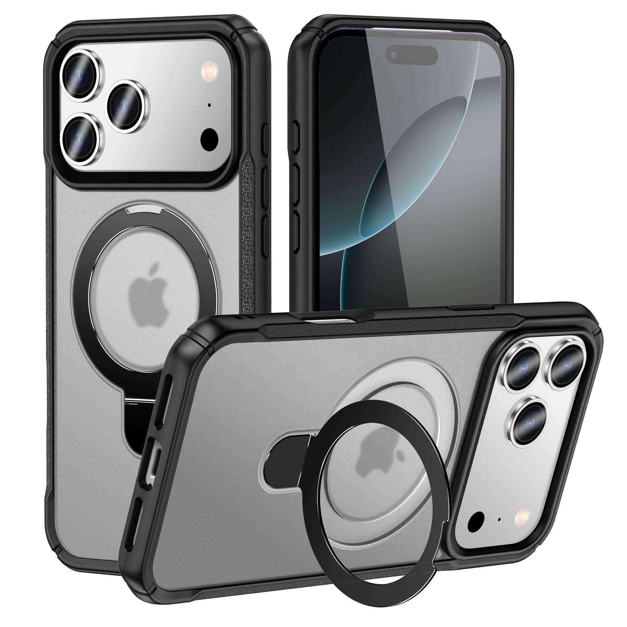 Dteck - Case For Apple iPhone 17 Pro Max Slim Magnetic Shockproof Rugged Cover With Adjustable Ring Stand, Mag Safe Compatible - Black Clear