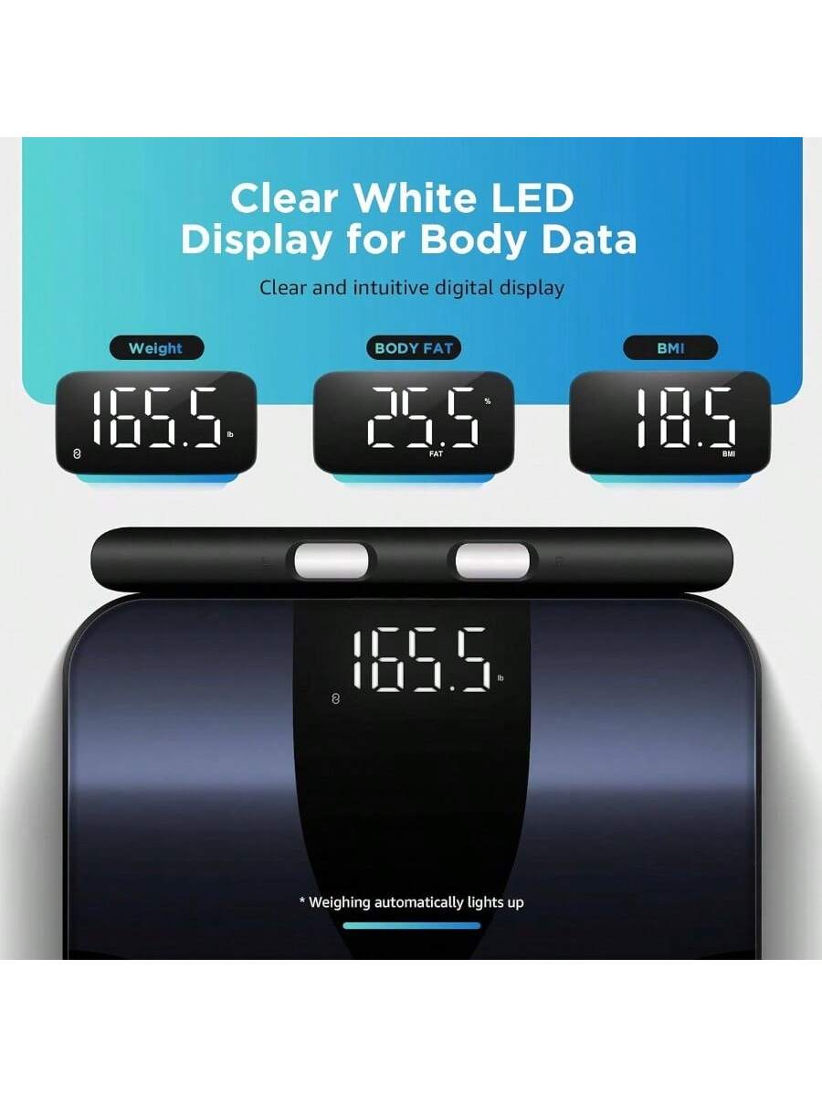 Clear White LED Display for Body Data  
Clear and intuitive digital display  

Weight: 165.5  
BODY FAT: 25.5  
BMI: 18.5  

*Weighing automatically lights up