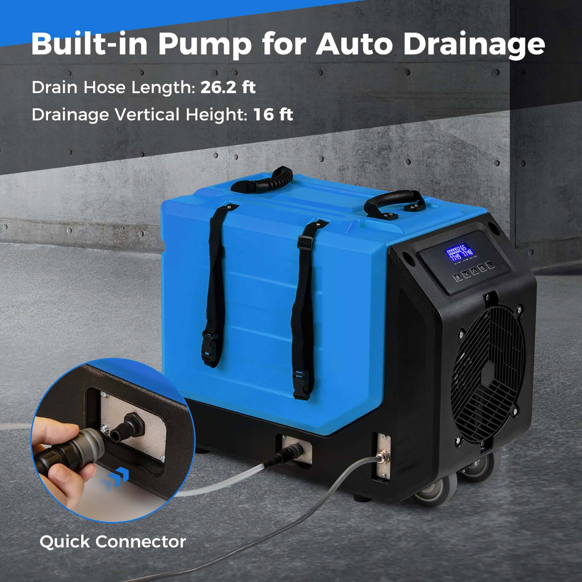 Built-in Pump for Auto Drainage: Drain Hose Length: 26.2 ft, Drainage Vertical Height: 16 ft, Quick Connector.
