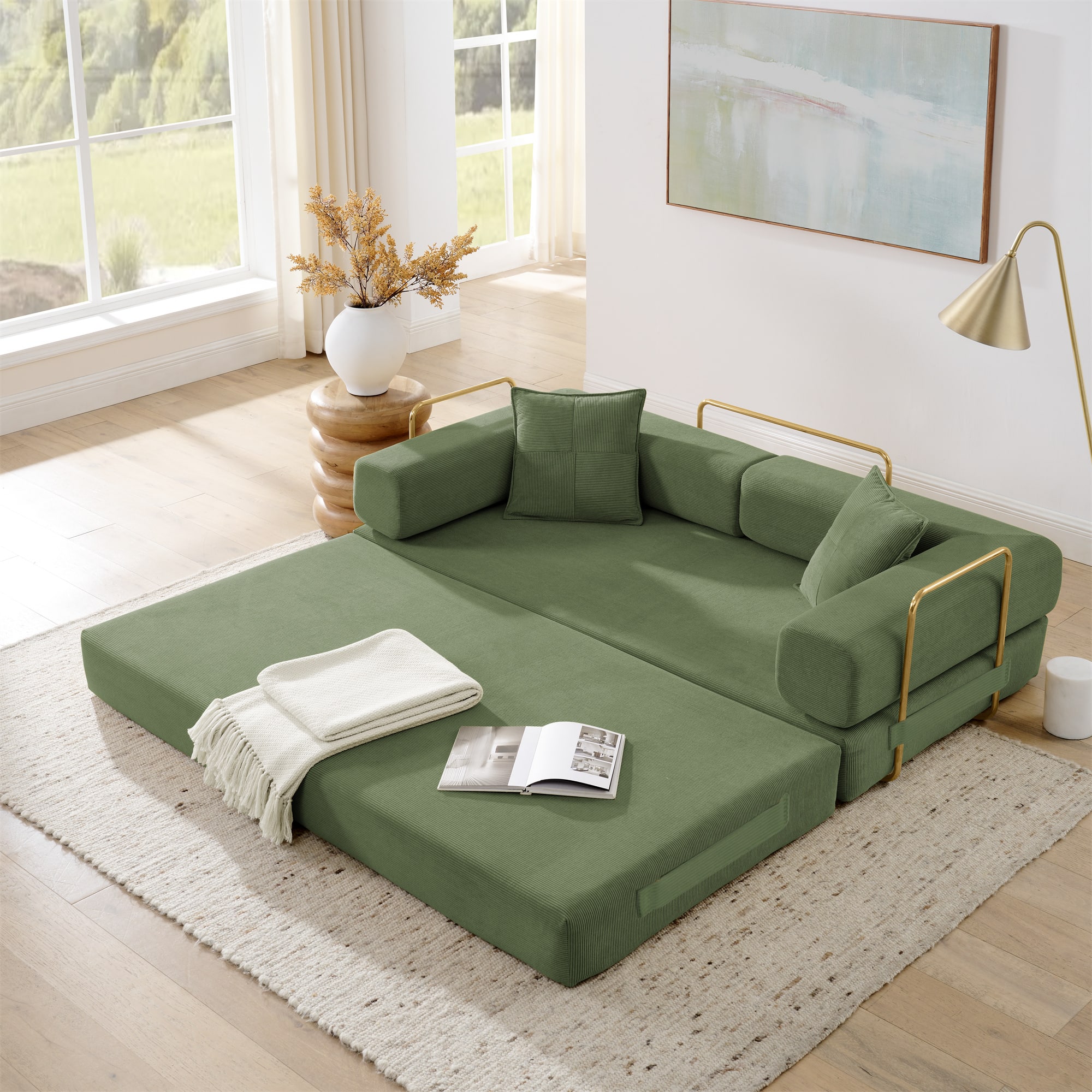 Trinkets Crazed - 4-In-1 Free Combination Loveseat Convertible Sleeper Sofa Bed Floding Futon Couch Corduroy Modular Sofa Couch - Green