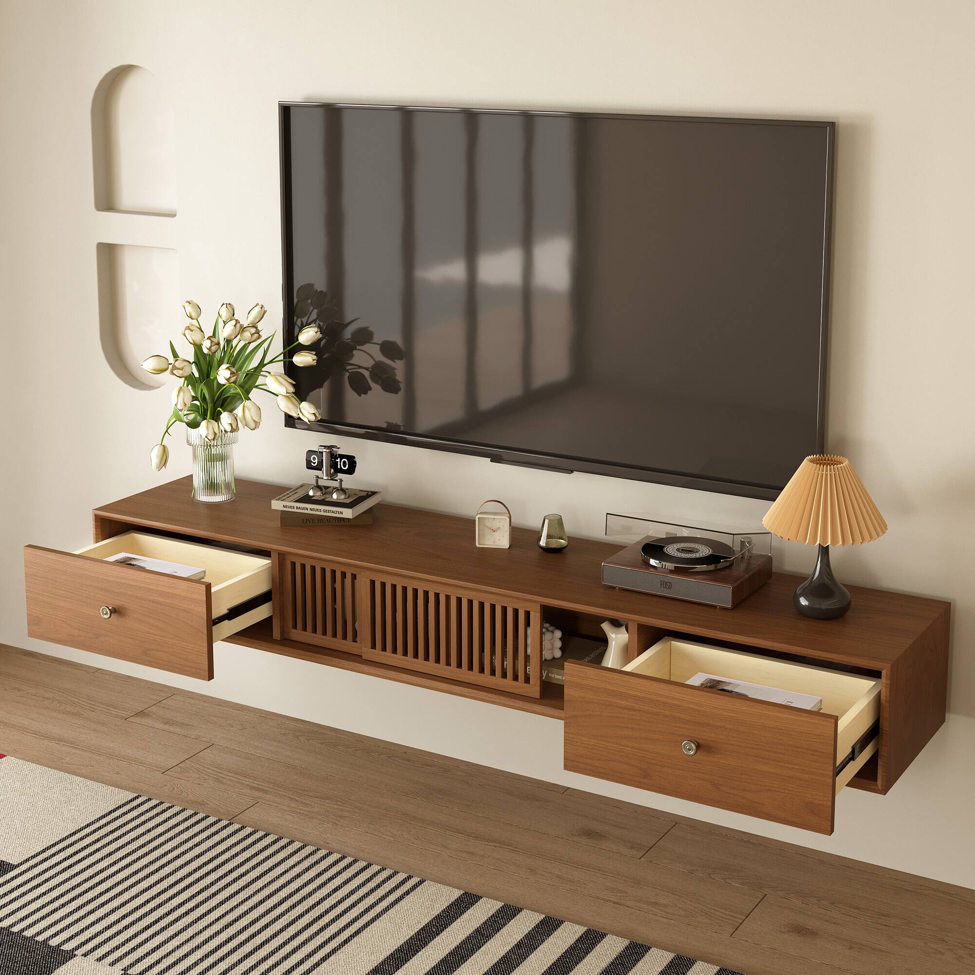 Left. luck idea - Modern Wall-Mounted TV Stand, 78.7" Large Floating TV Console with Grid Sliding Doors & Double Drawers for Storage - Walnut Color.