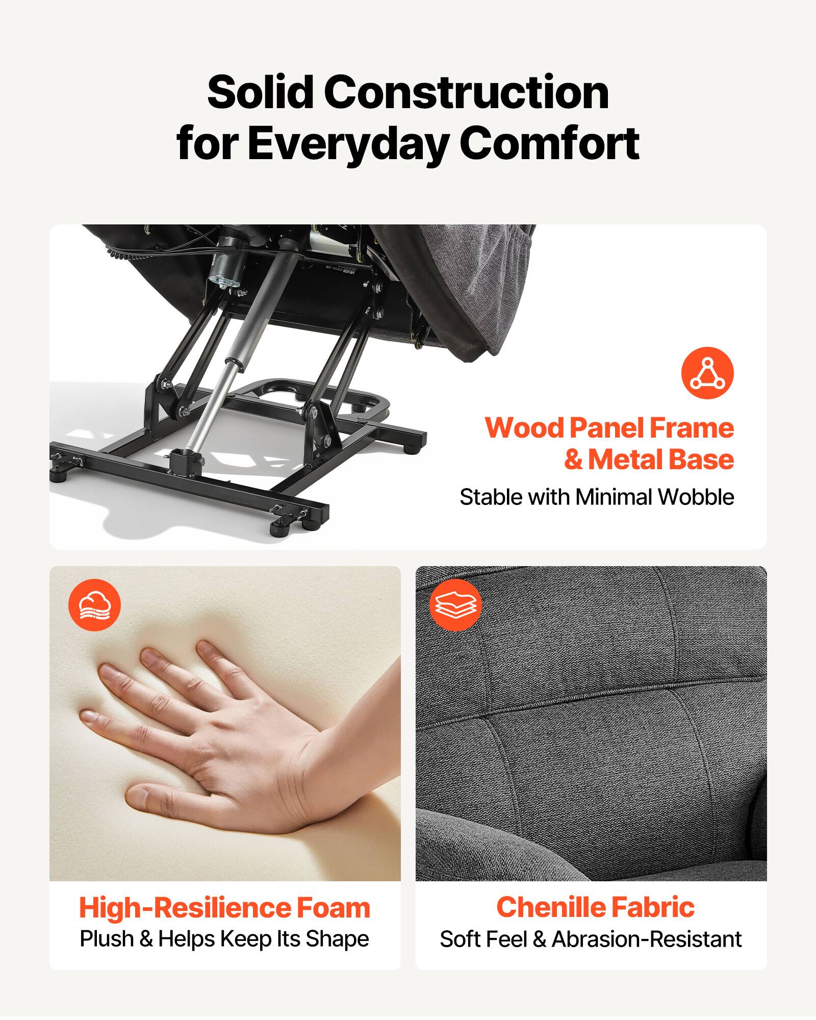 Solid Construction for Everyday Comfort

- Wood Panel Frame & Metal Base
  - Stable with Minimal Wobble

- High-Resilience Foam
  - Plush & Helps Keep Its Shape

- Chenille Fabric
  - Soft Feel & Abrasion-Resistant