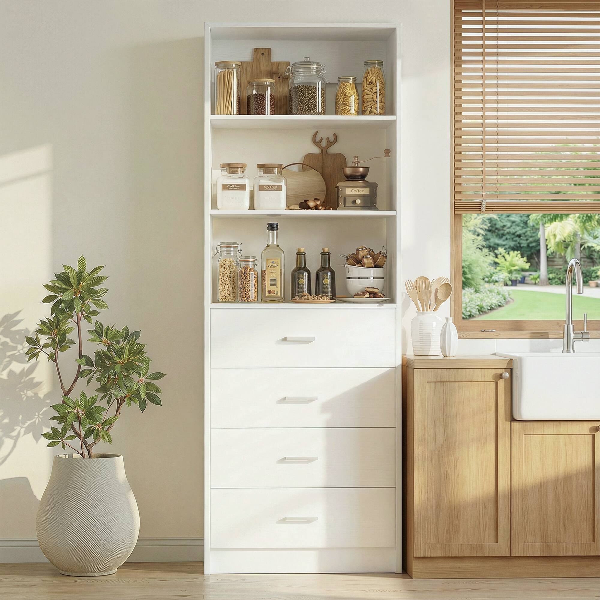 Back. Aheaplus - 80'' Tall Kitchen Pantry Storage Unit with Drawers and Shelves, 21.3'' Wide Storage Cabinet for Kitchen/Living Room - White.