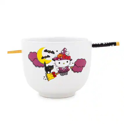 Front. Silver Buffalo - Sanrio Hello Kitty Witch 20-Ounce Ceramic Ramen Bowl and Chopstick Set - Purple.
