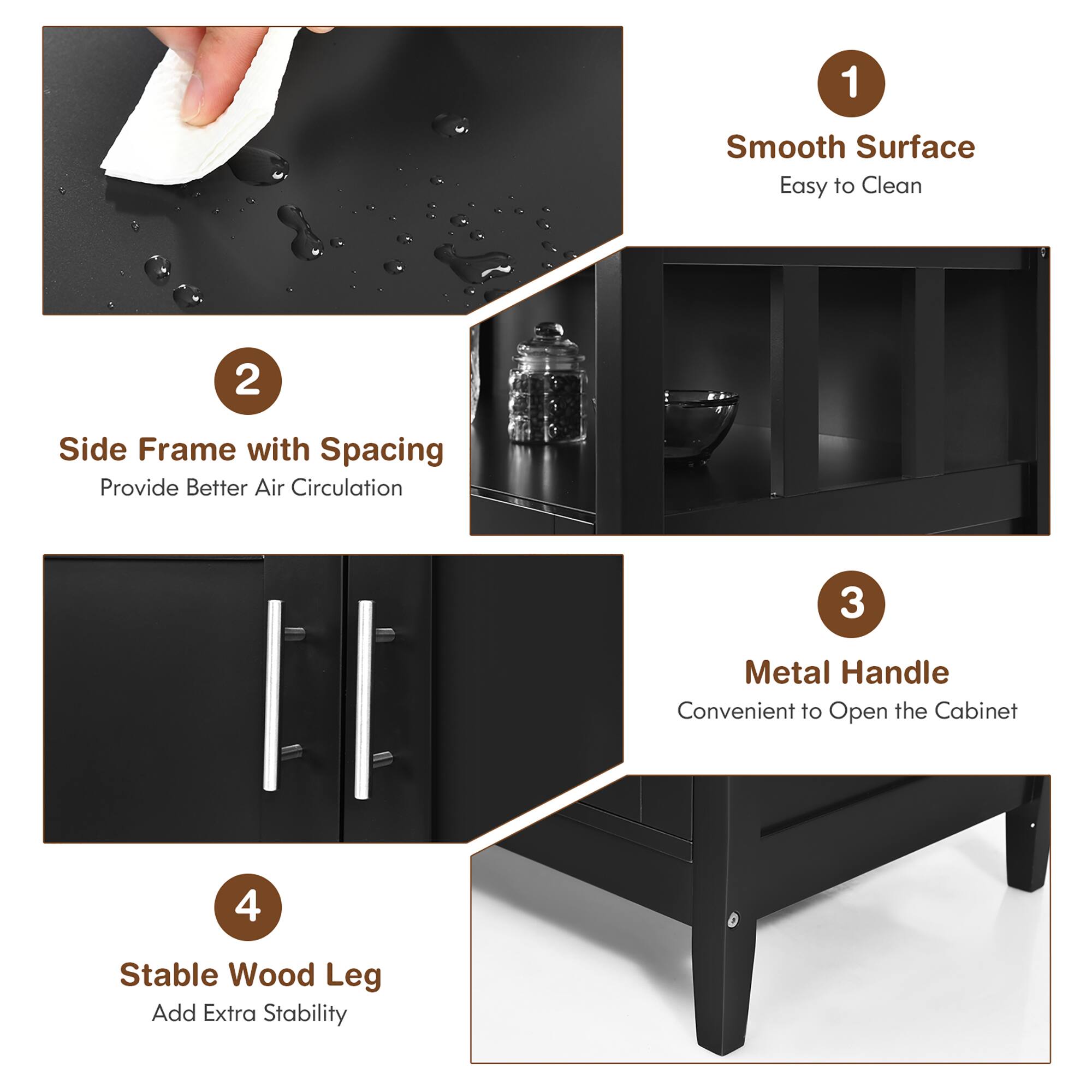 1. Smooth Surface - Easy to Clean
2. Side Frame with Spacing - Provide Better Air Circulation
3. Metal Handle - Convenient to Open the Cabinet
4. Stable Wood Leg - Add Extra Stability