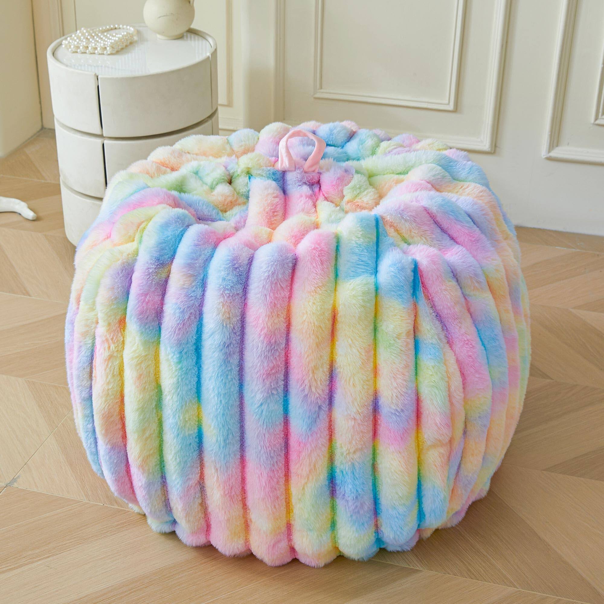 Alt View 5. JETRANSPORT - Fluffy Faux Rabbit Bean Bag Chair Cover(no Filler) Luxury Plush Shaggy Striped Stuffed Animal Storage - Beige Large(38"x38"x40").