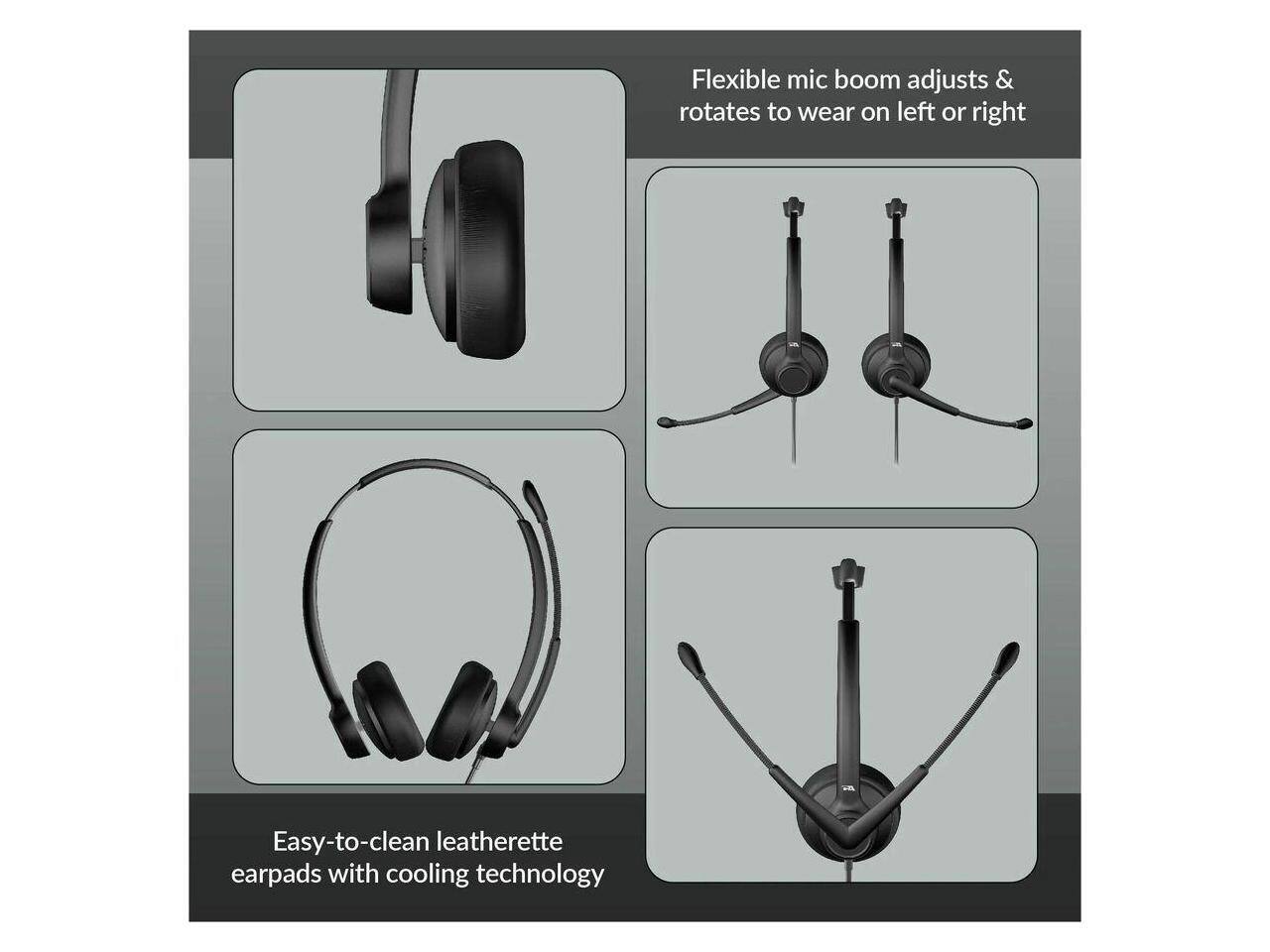Flexible mic boom adjusts & rotates to wear on left or right  
Easy-to-clean leatherette earpads with cooling technology