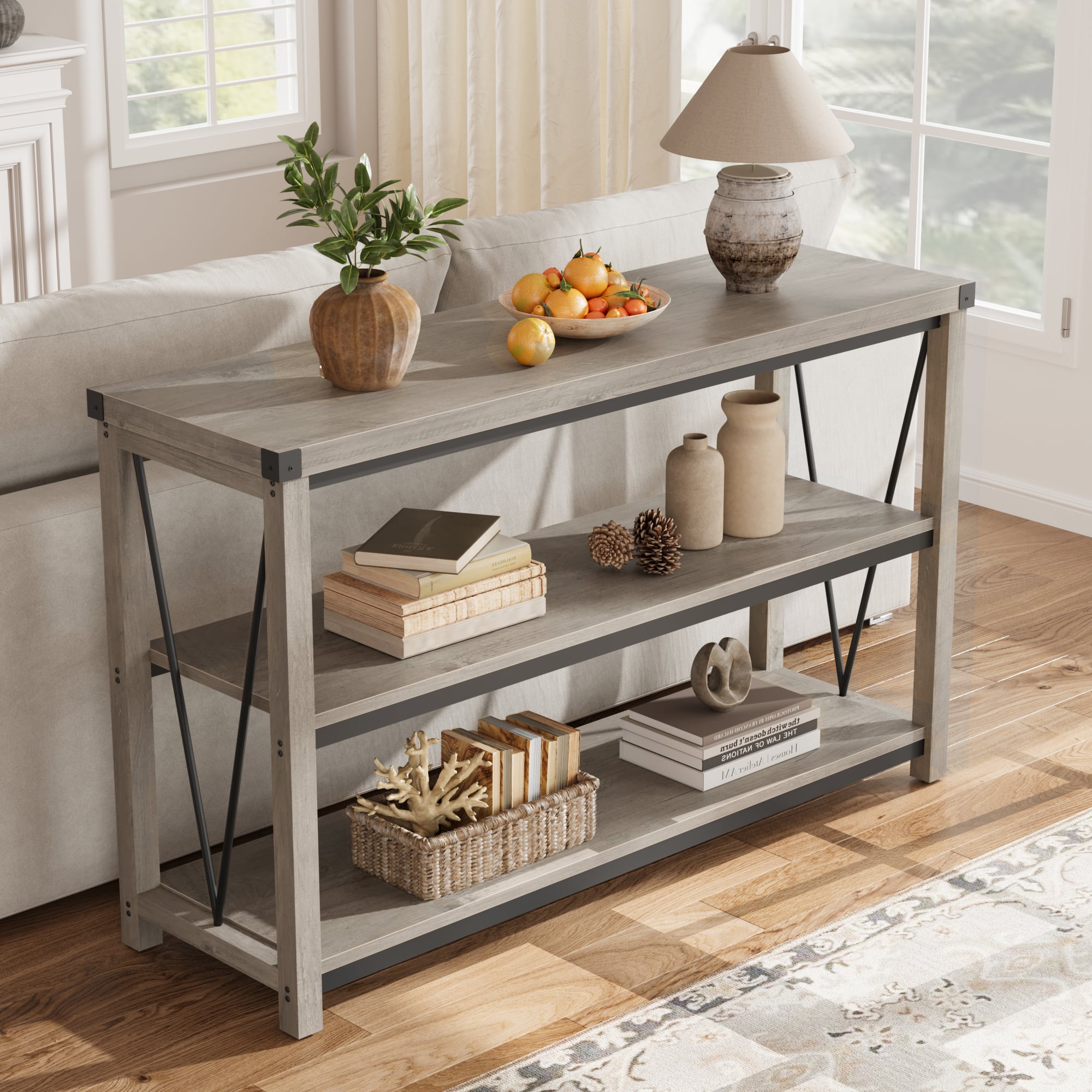 Acekool - Farmhouse Console Table, 47 in Narrow Long Entryway Table with Storage - Gray