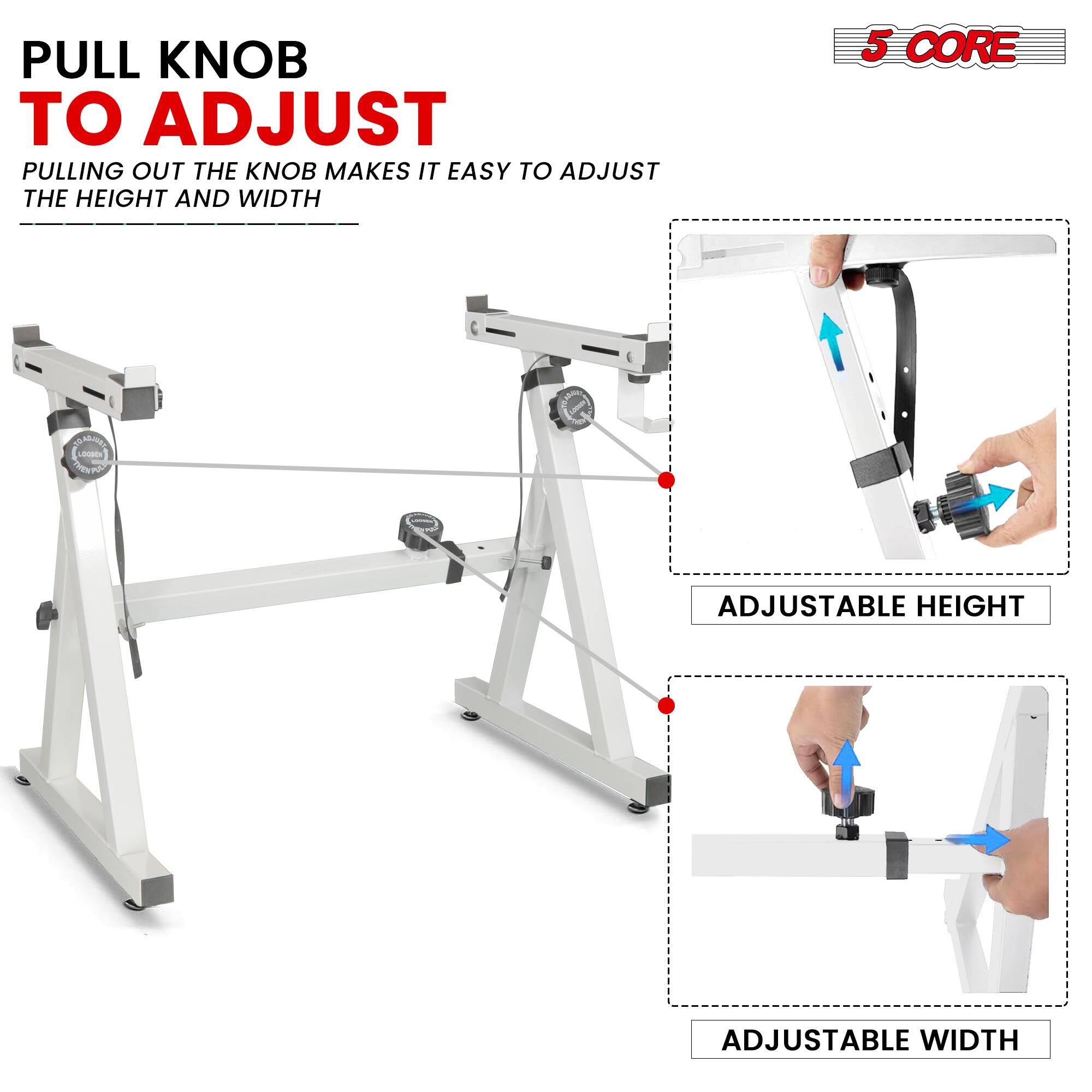 PULL KNOB TO ADJUST, PULLING OUT THE KNOB MAKES IT EASY TO ADJUST THE HEIGHT AND WIDTH, 5 CORE, ADJUSTABLE HEIGHT, ADJUSTABLE WIDTH