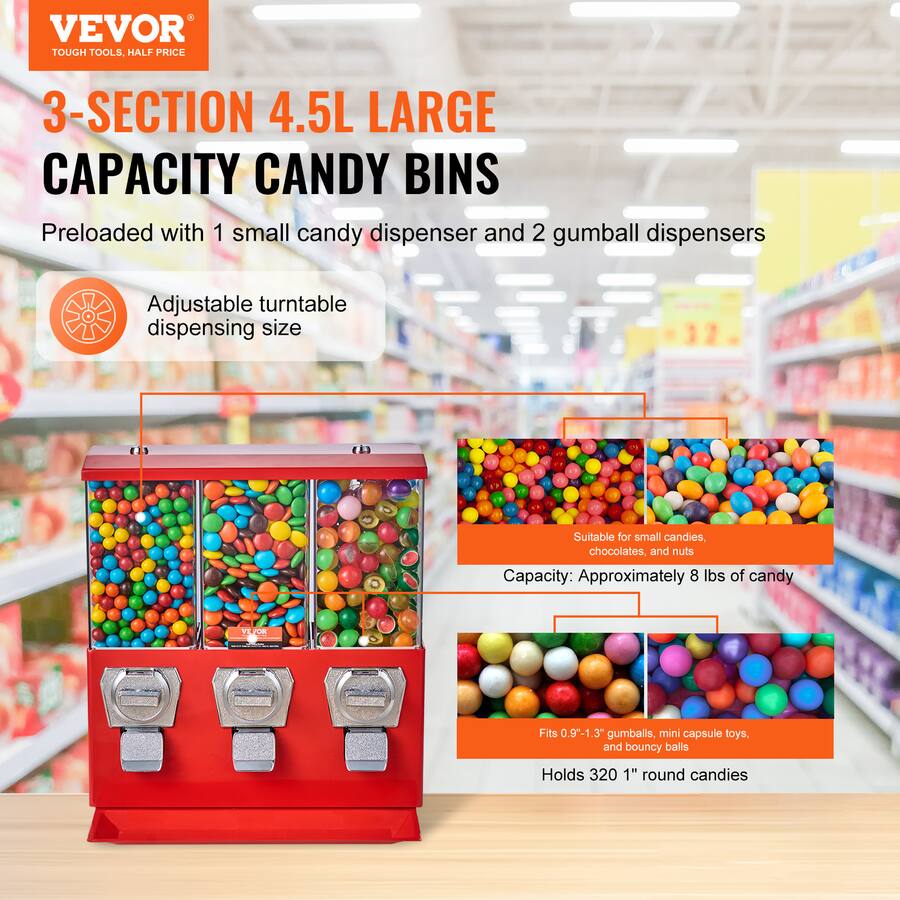 VEVOR Commercial Vending Machine, Triple Compartment Candy Dispenser ...