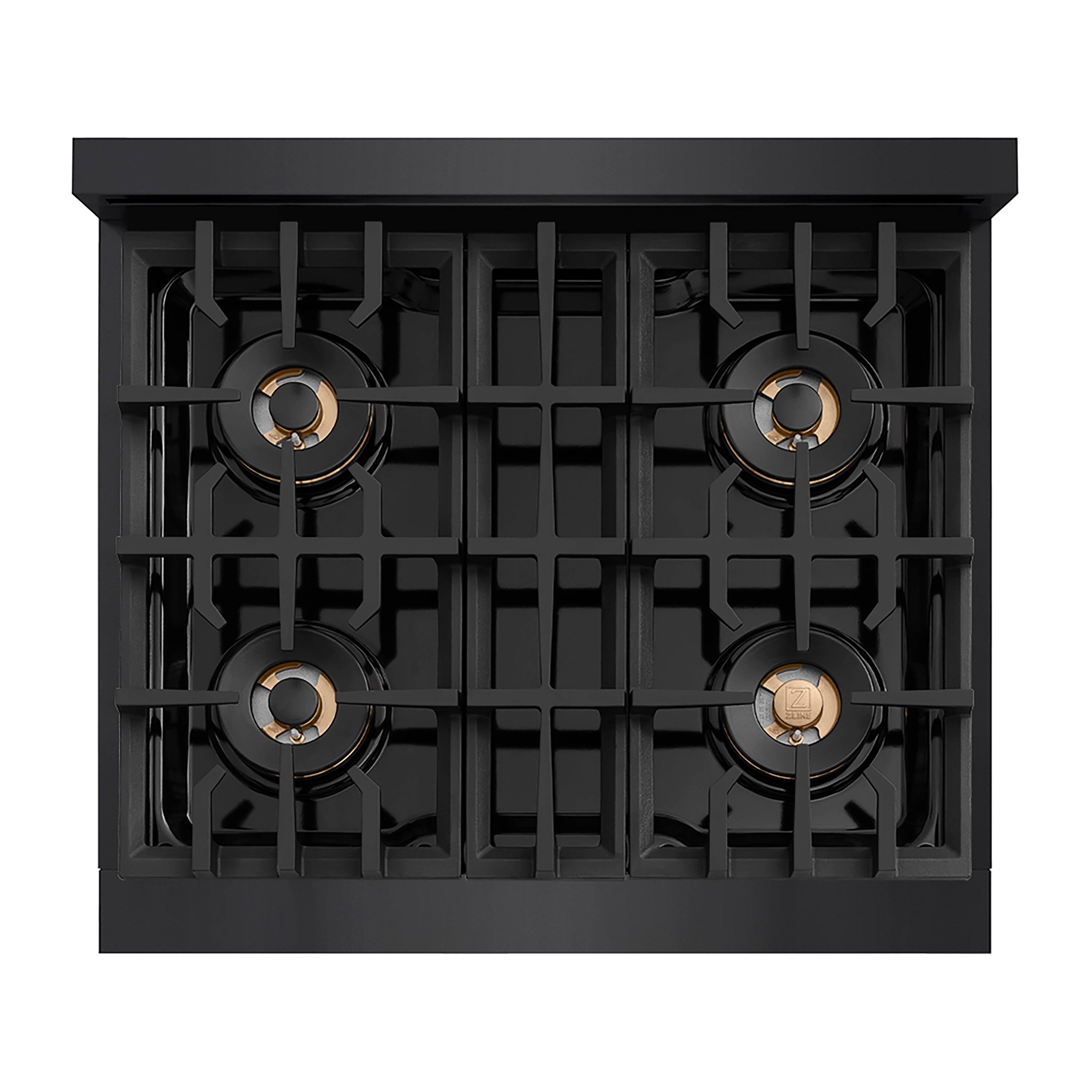 Angle. ZLINE - ZLINE Autograph 30 in. Black Steel Classic Gas Cooktop with 4 DuoPro Burners and Gold Accents (PCRTBZ-30-G) - Black Stainless Steel.