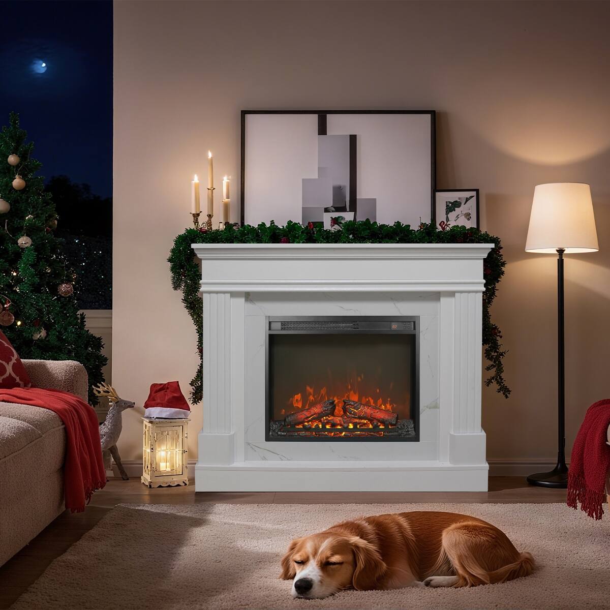 Back. Loheer - Loheer 44 inch electric fireplace with mantel, 23 inch fireplace insert heater, Jasmine White - White.