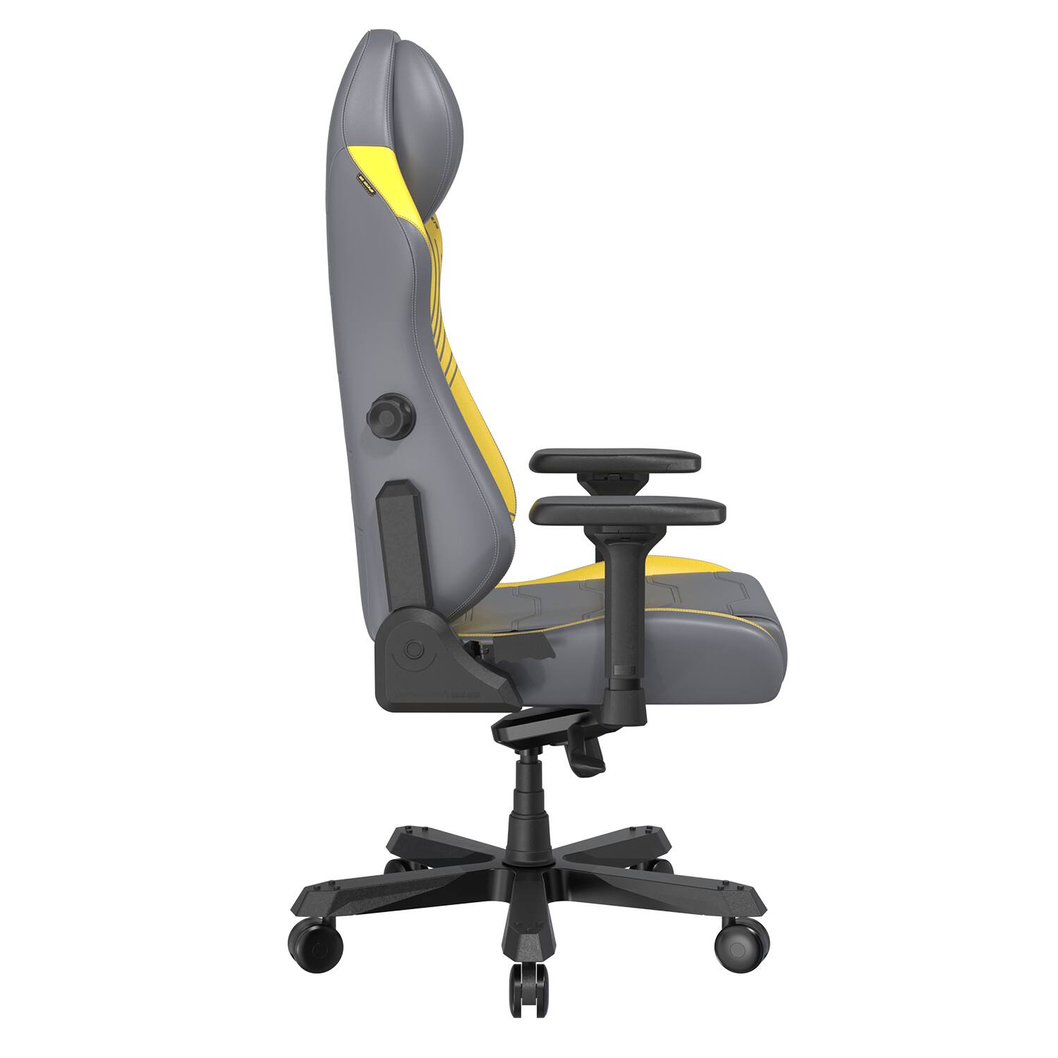 Left. DXRacer - DXRacer Master Series Gaming Chair – Gray and Yellow Line, Premium PU Leather with Built-In Lumbar Support & 4D Armrests - Gray and Yellow.