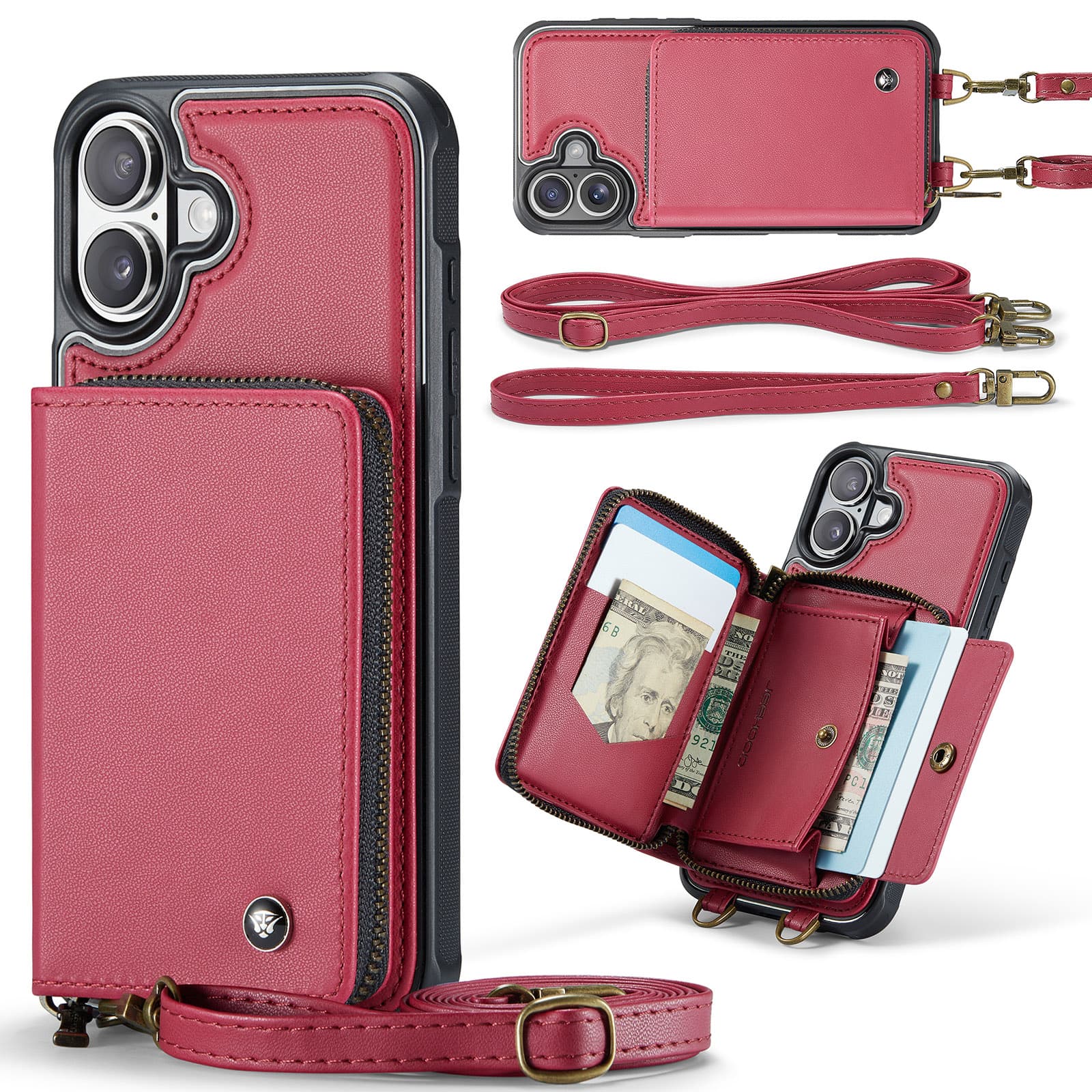 Dteck - Crossbody Zipper Wallet Case for Apple iPhone 17, RFID Blocking PU Leather Card Slots Wrist Strap Lanyard Cover - Red price history on PriceWatchPro