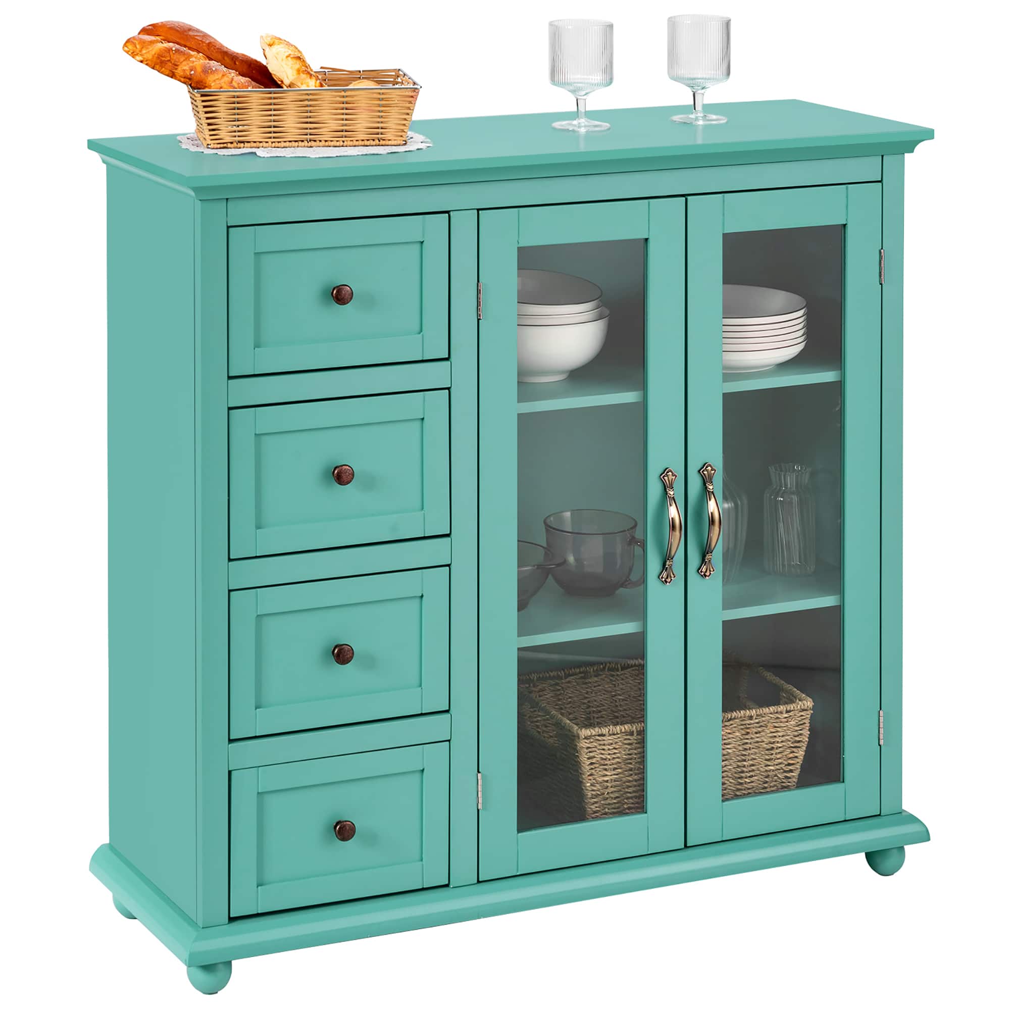 Costway - Buffet Sideboard Table Kitchen Storage Cabinet w/ Drawers & Doors - Green