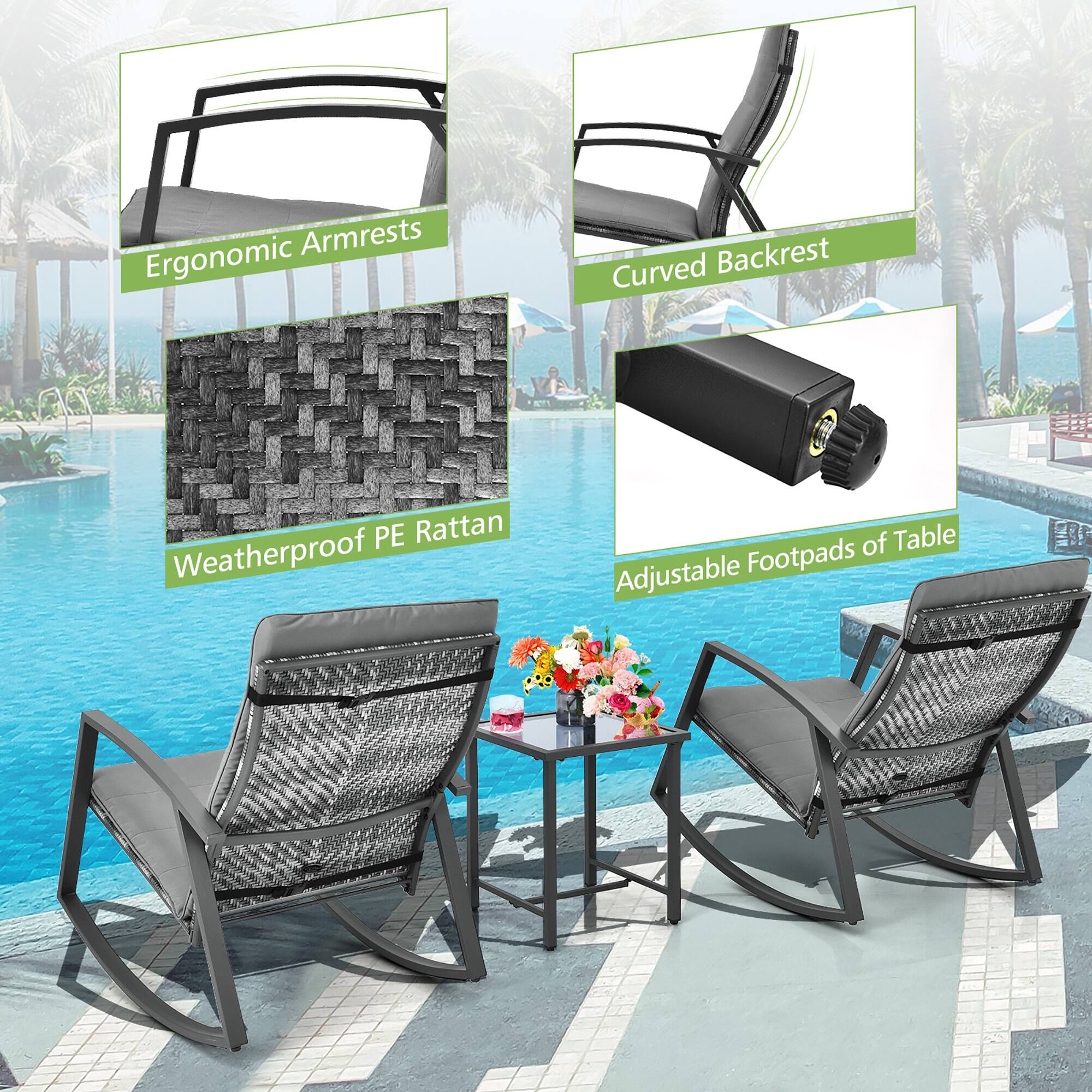 - Ergonomic Armrests
- Curved Backrest
- Weatherproof PE Rattan
- Adjustable Footpads of Table