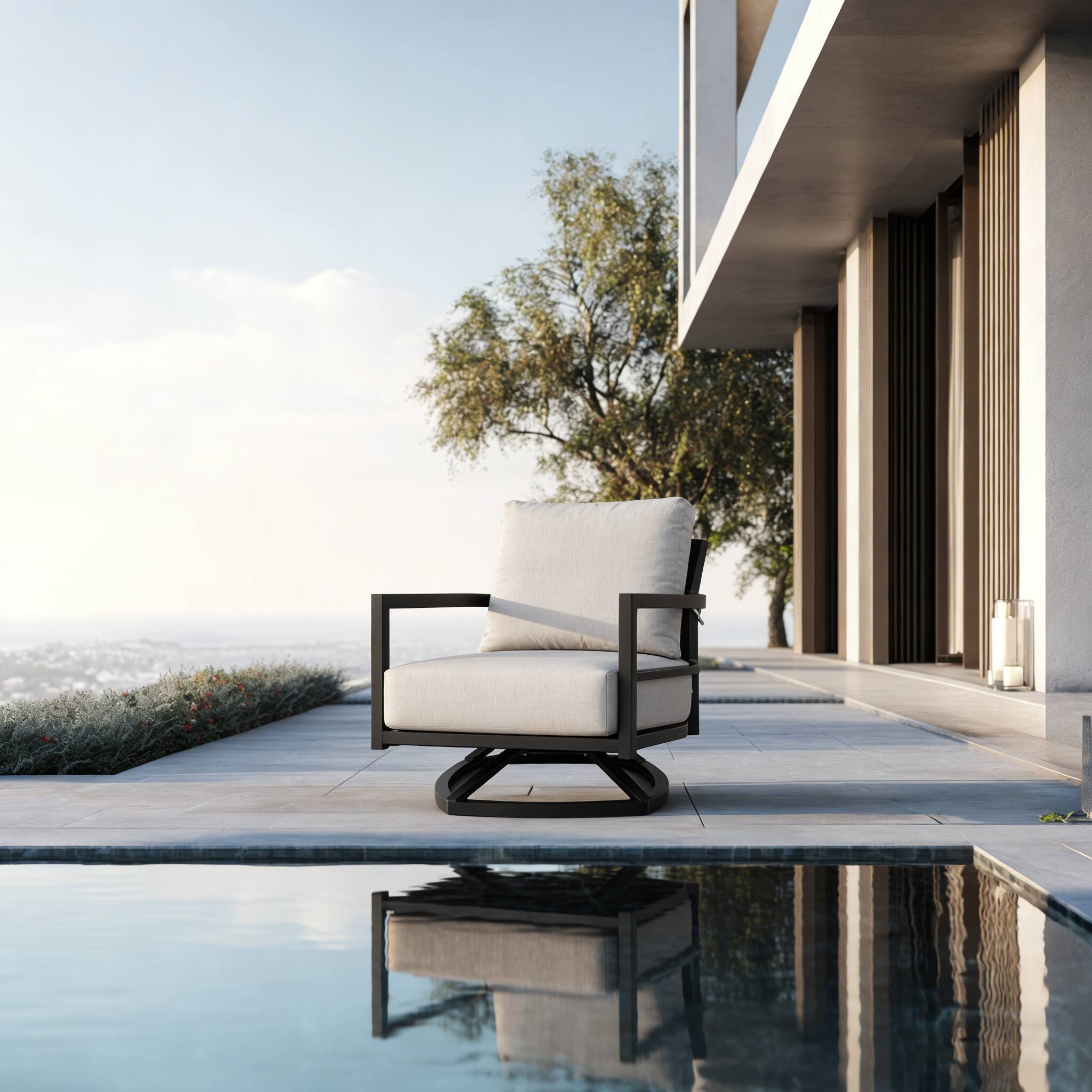 Left. Mondawe - Outdoor Fully Weld Swivel Lounge Chair with Premium Aluminum Frame and Sunbrella Cushion - Ember Black+Grey.