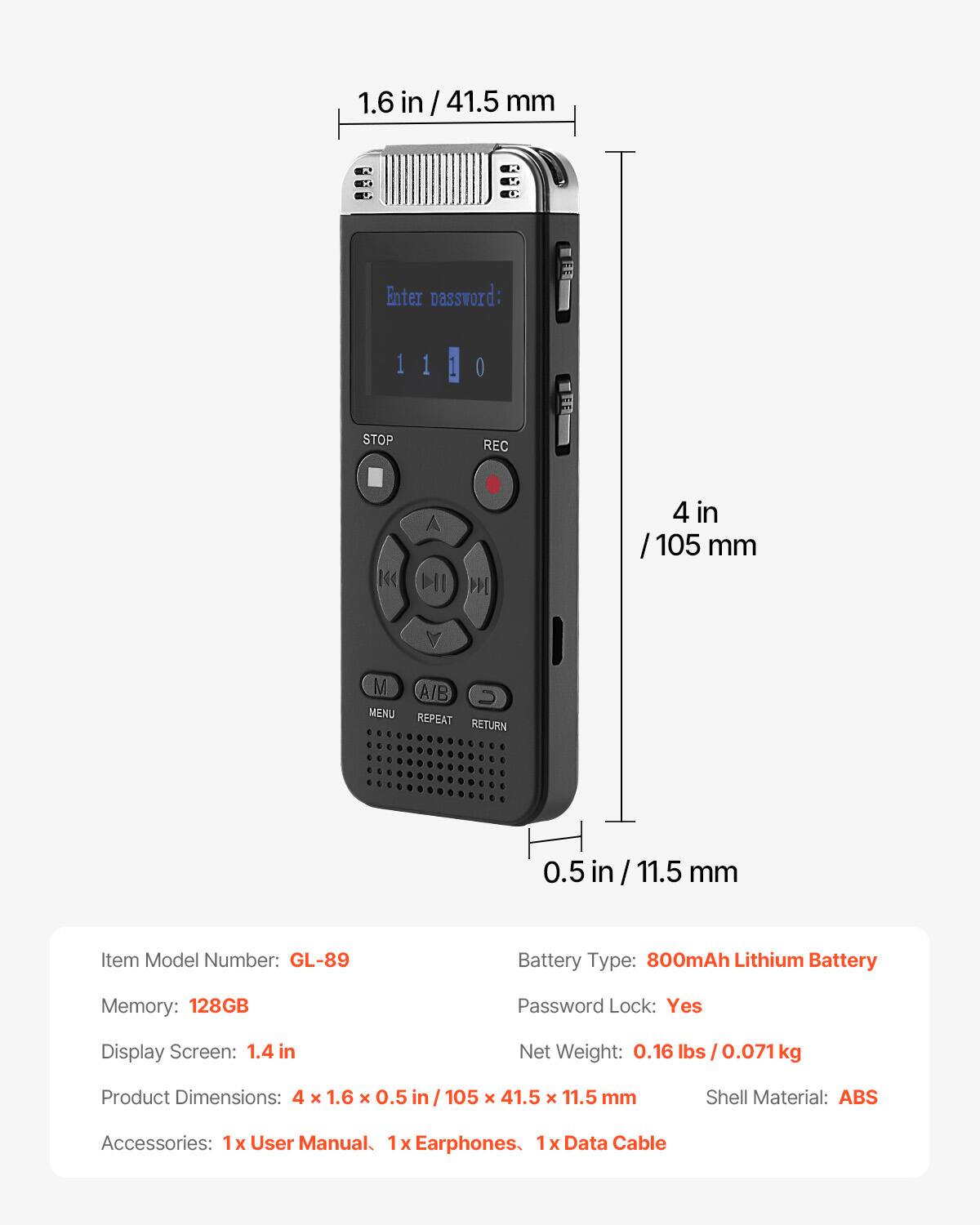 VEVOR Digital Voice Recorder, 128GB, Voice Activated