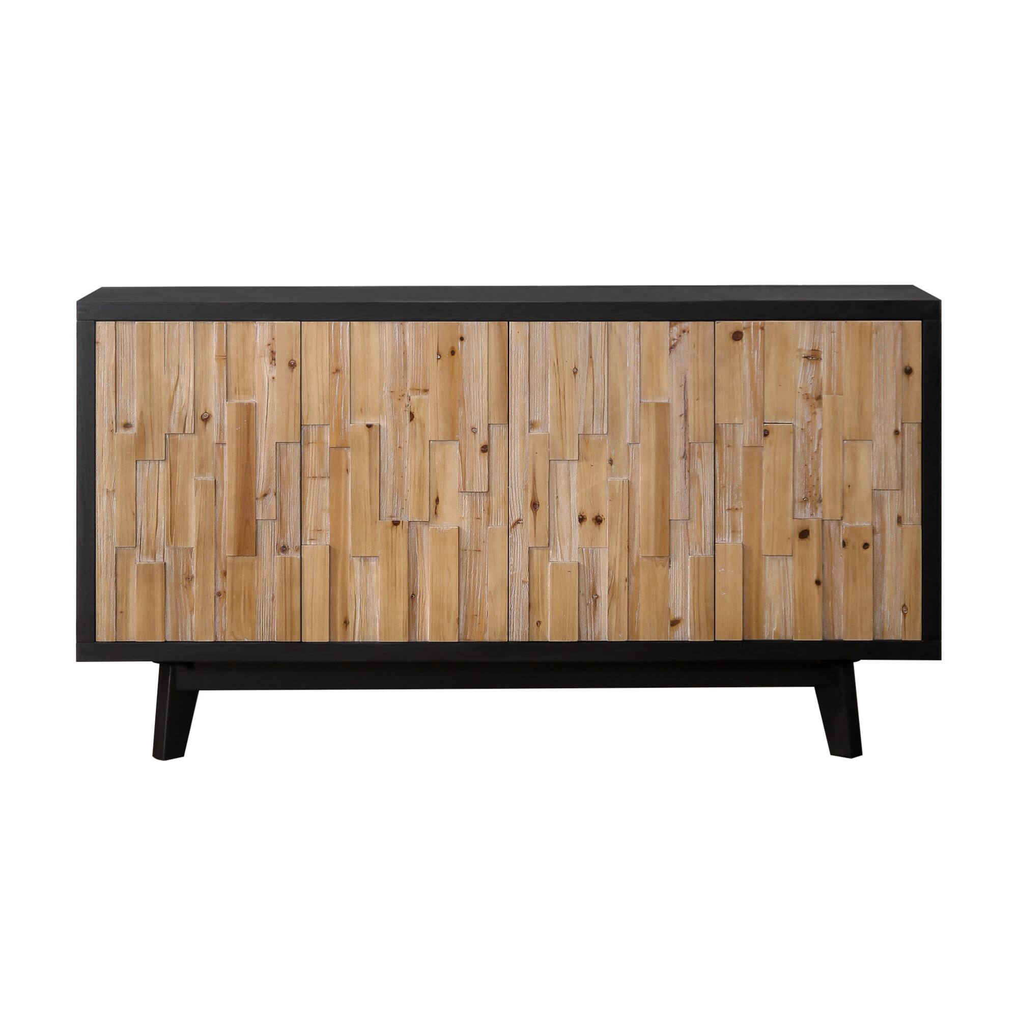 Left. GOODSILO - Contemporary Geometric Pattern Four-Door Wooden Storage Cabinet for Living Room and Dining Area - Black+Natural.