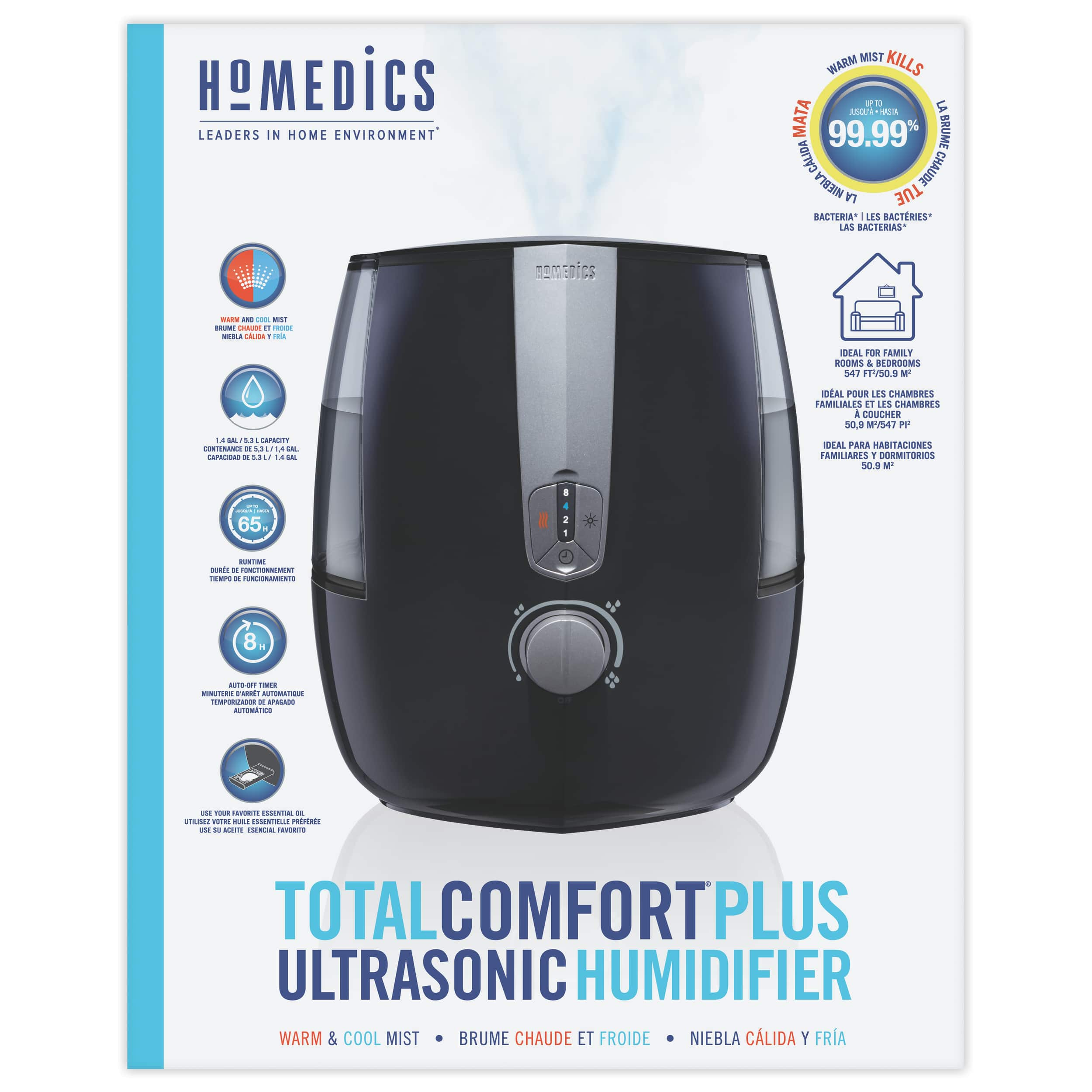 HoMedics TotalComfort Plus Ultrasonic Air Humidifier, Adjustable 5.3L Water hot Tank