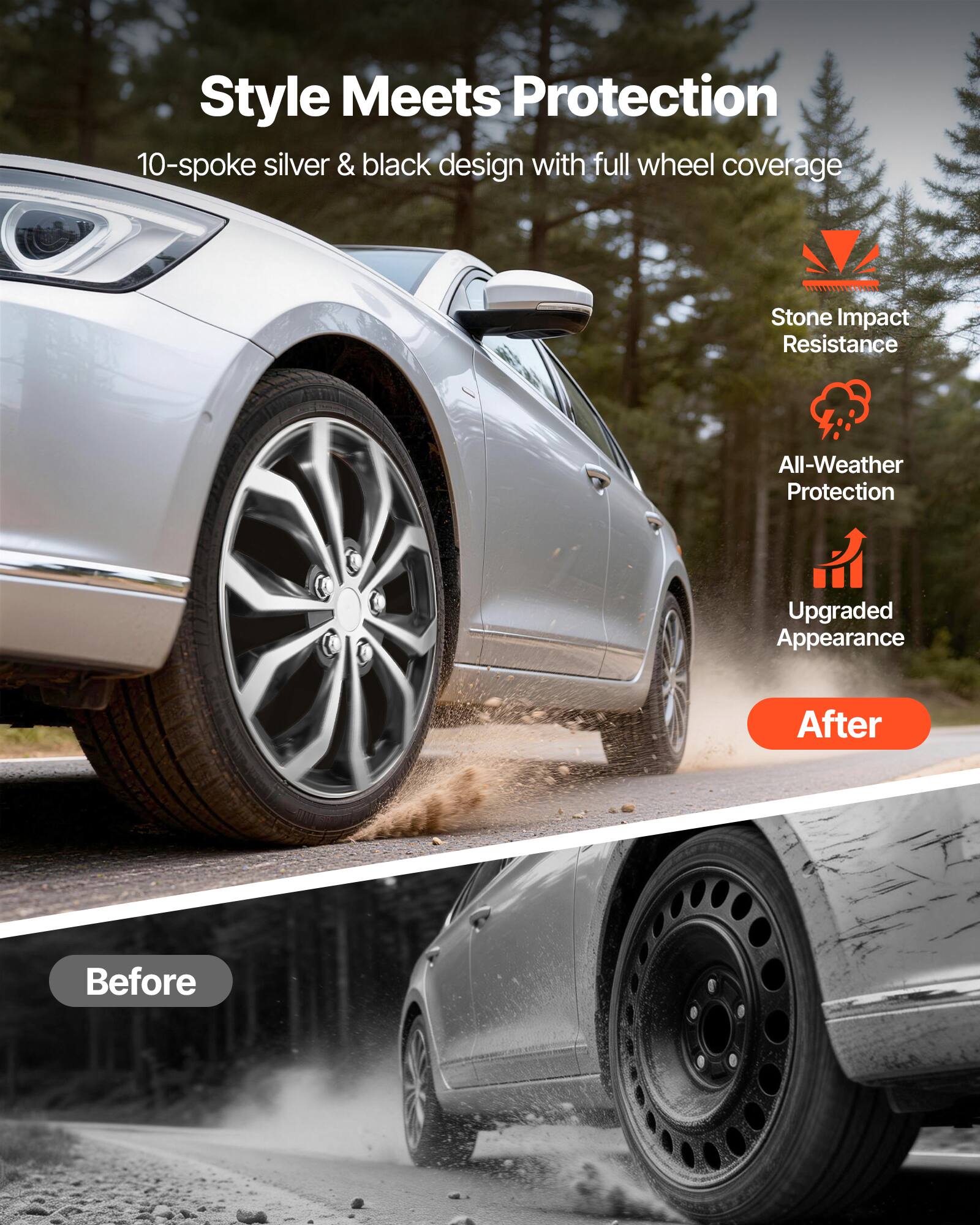 Style Meets Protection  
10-spoke silver & black design with full wheel coverage  

Stone Impact Resistance  
All-Weather Protection  
Upgraded Appearance  

After  
Before