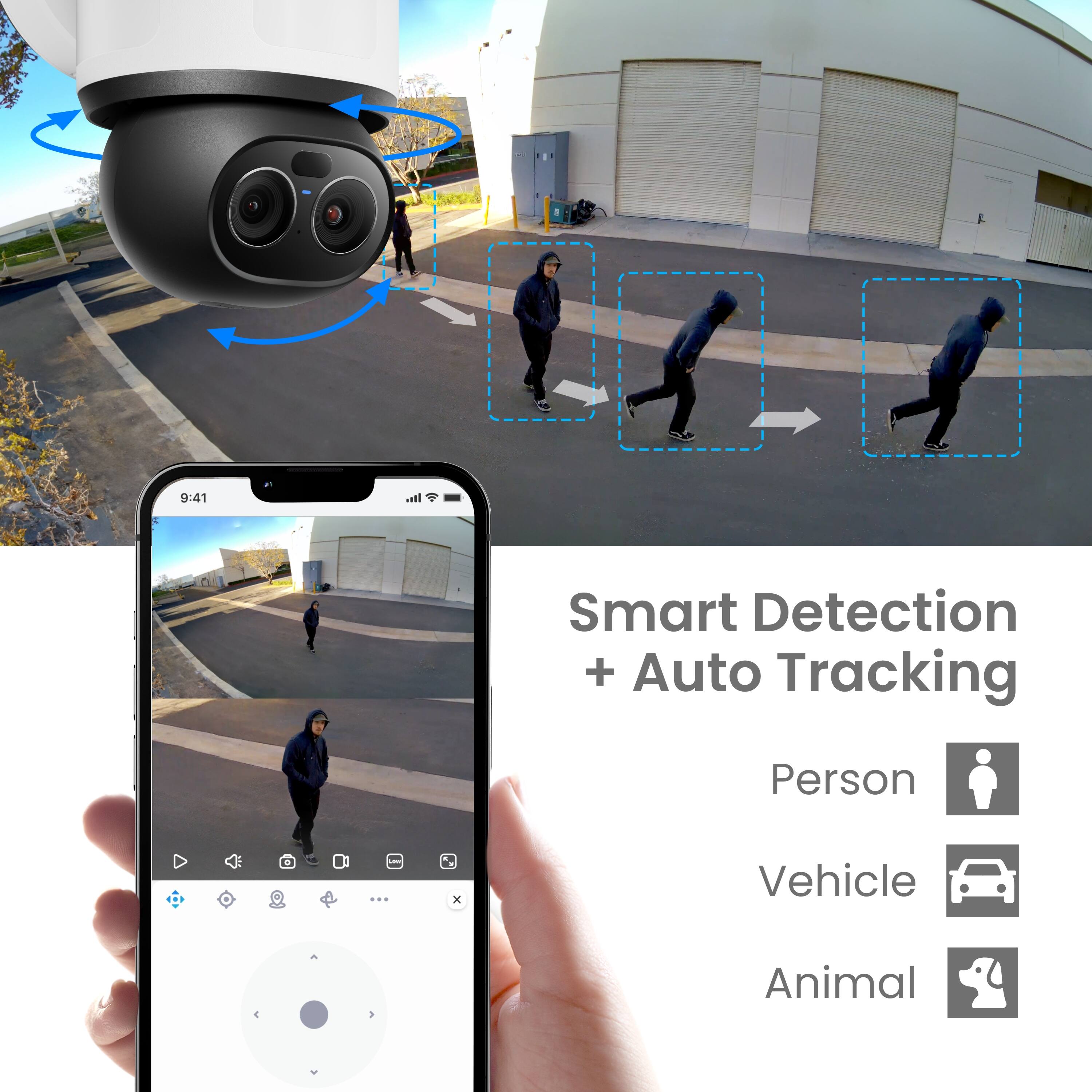 9:41 al Smart Detection + Auto Tracking Person . . ... x Vehicle 4 1 Animal