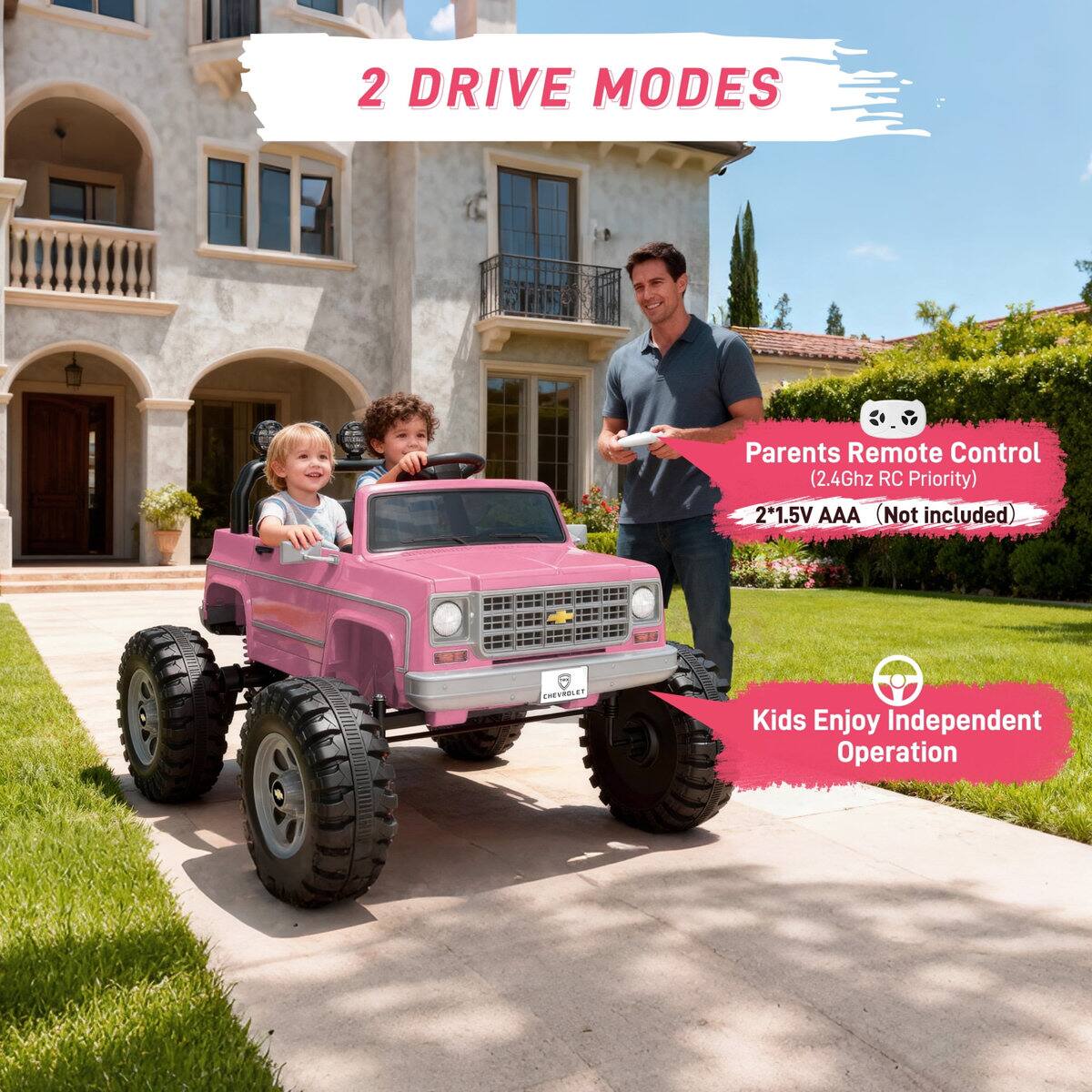 2 DRIVE MODES  
Parents Remote Control (2.4Ghz RC Priority)  
2x1.5V AAA (Not included)  
Kids Enjoy Independent Operation