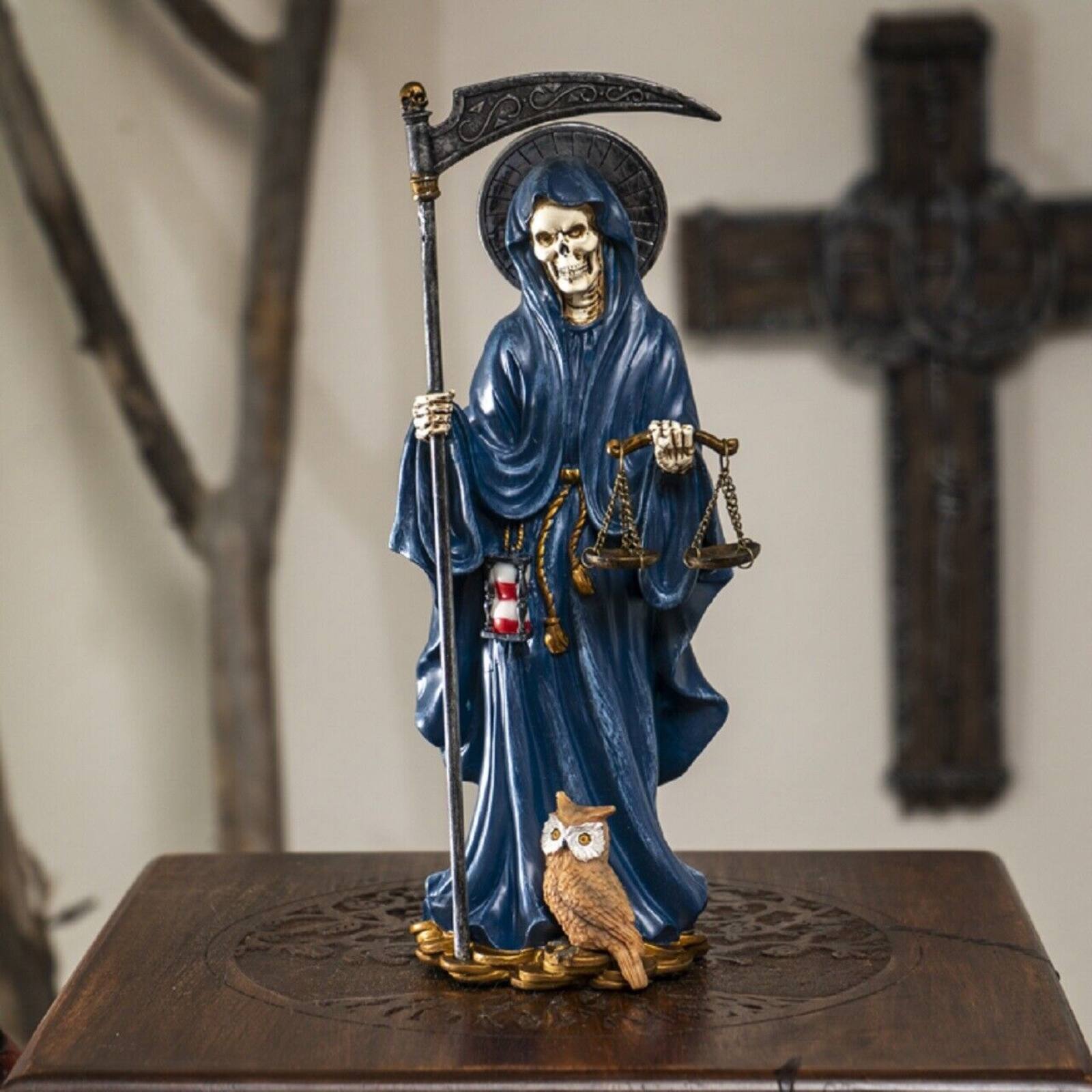 Alt View 1. Pacific Trading - Santa Muerte Blue Gown with Owl Figurine Death 10 Inch.